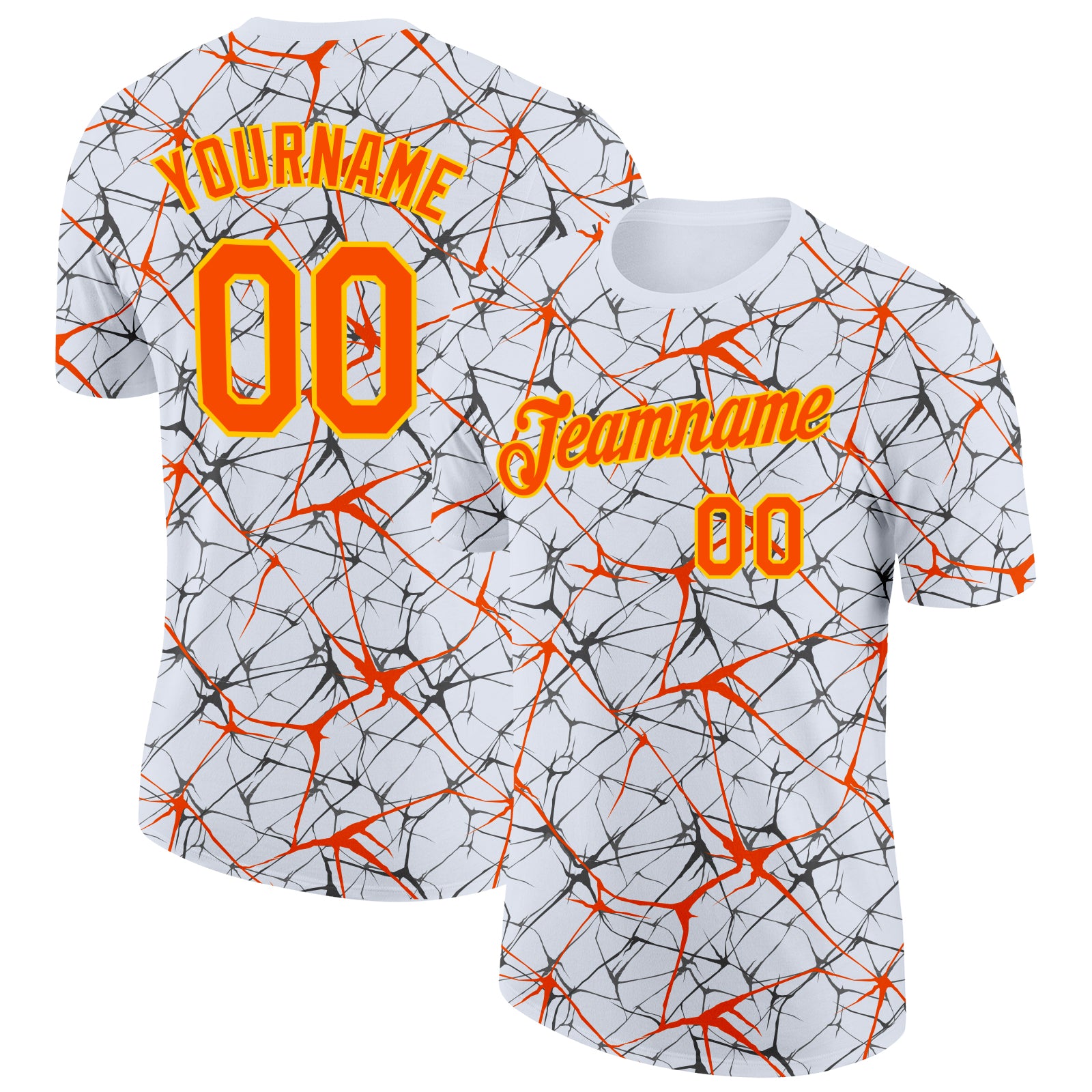 Custom White Orange Gray-Yellow Abstract Network Crackle Performance T-Shirt