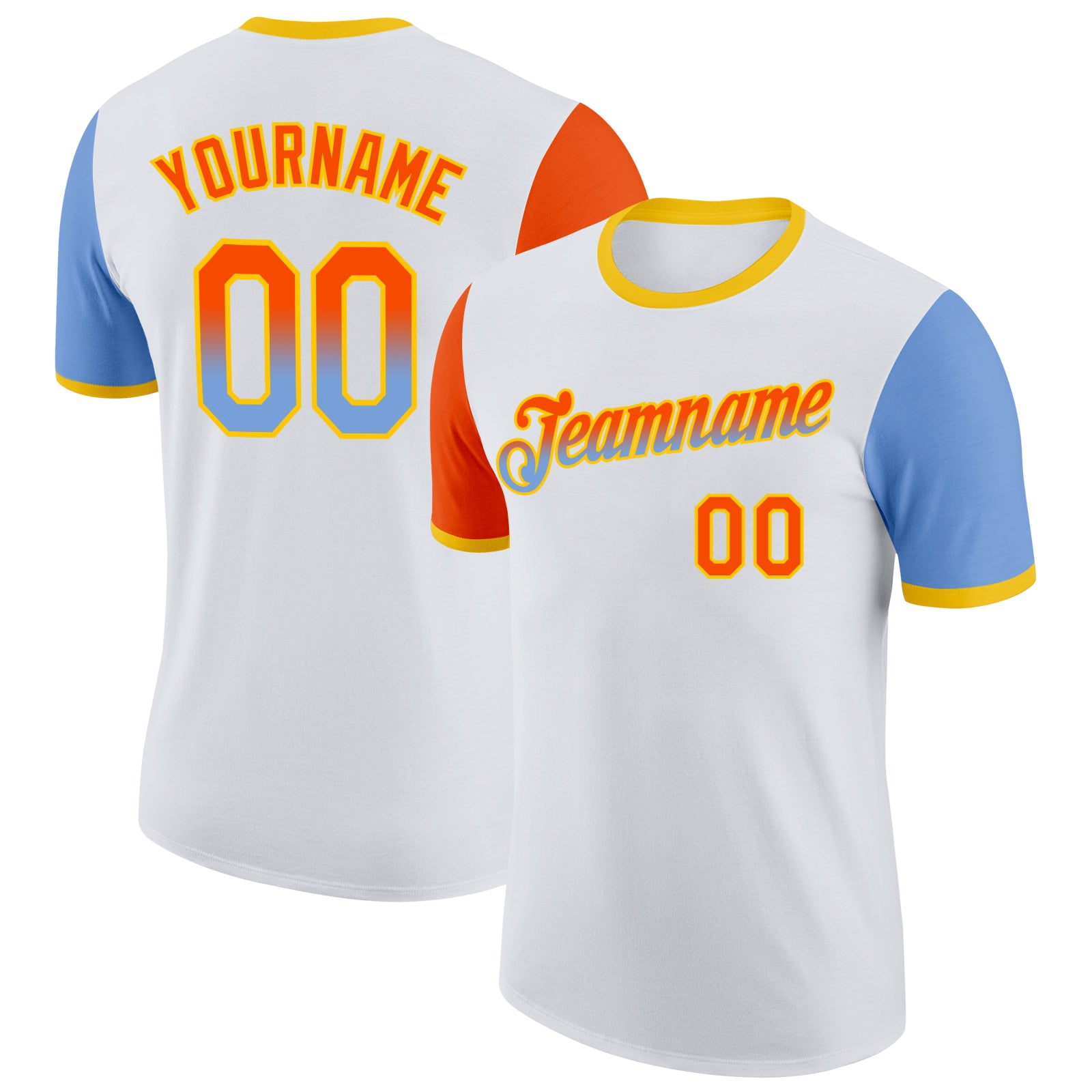 Custom White Orange Powder Blue-Yellow Gradient Two Tone Performance T-Shirt