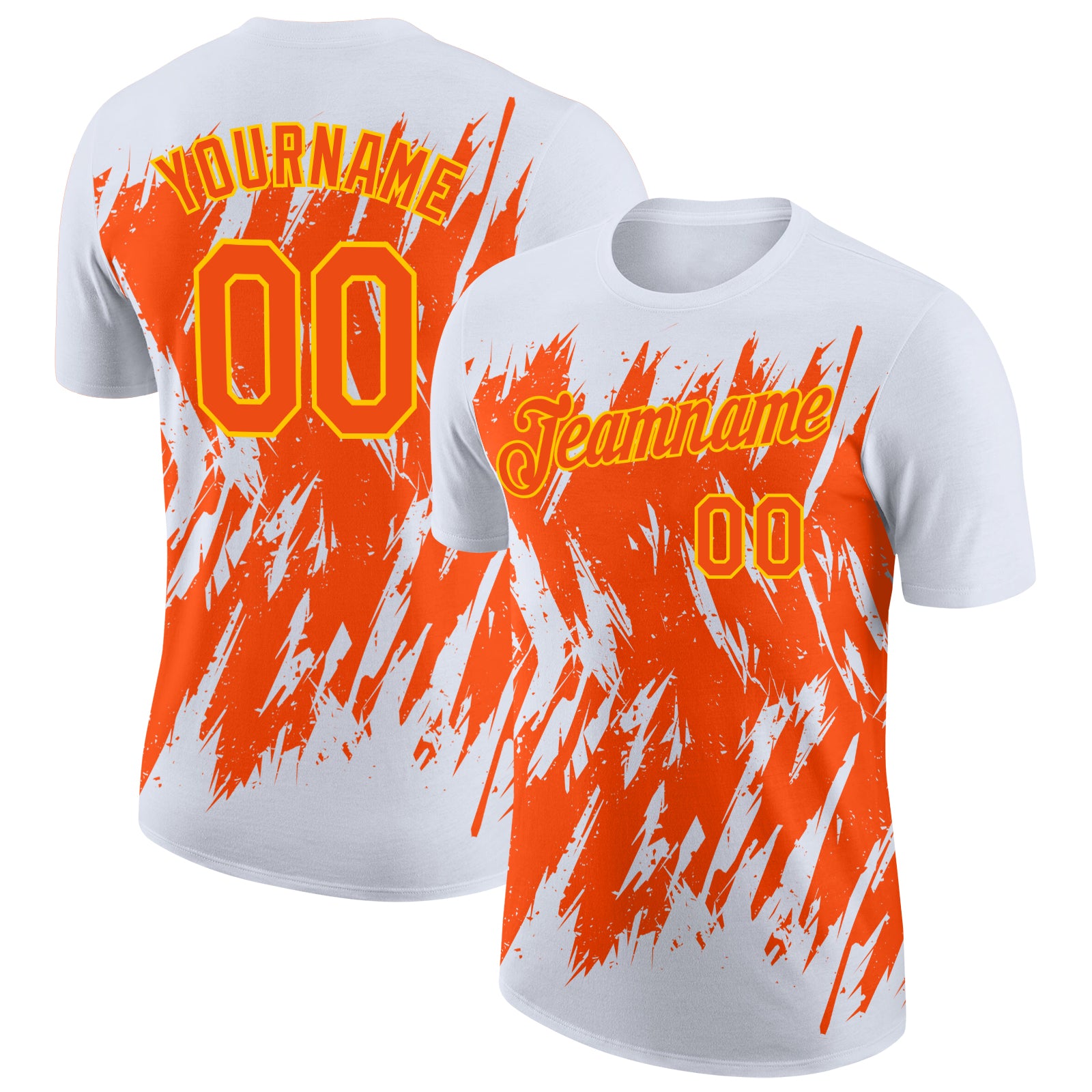 Custom White Orange-Yellow Torn Sharp Brush Stroke Splatter Performance T-Shirt