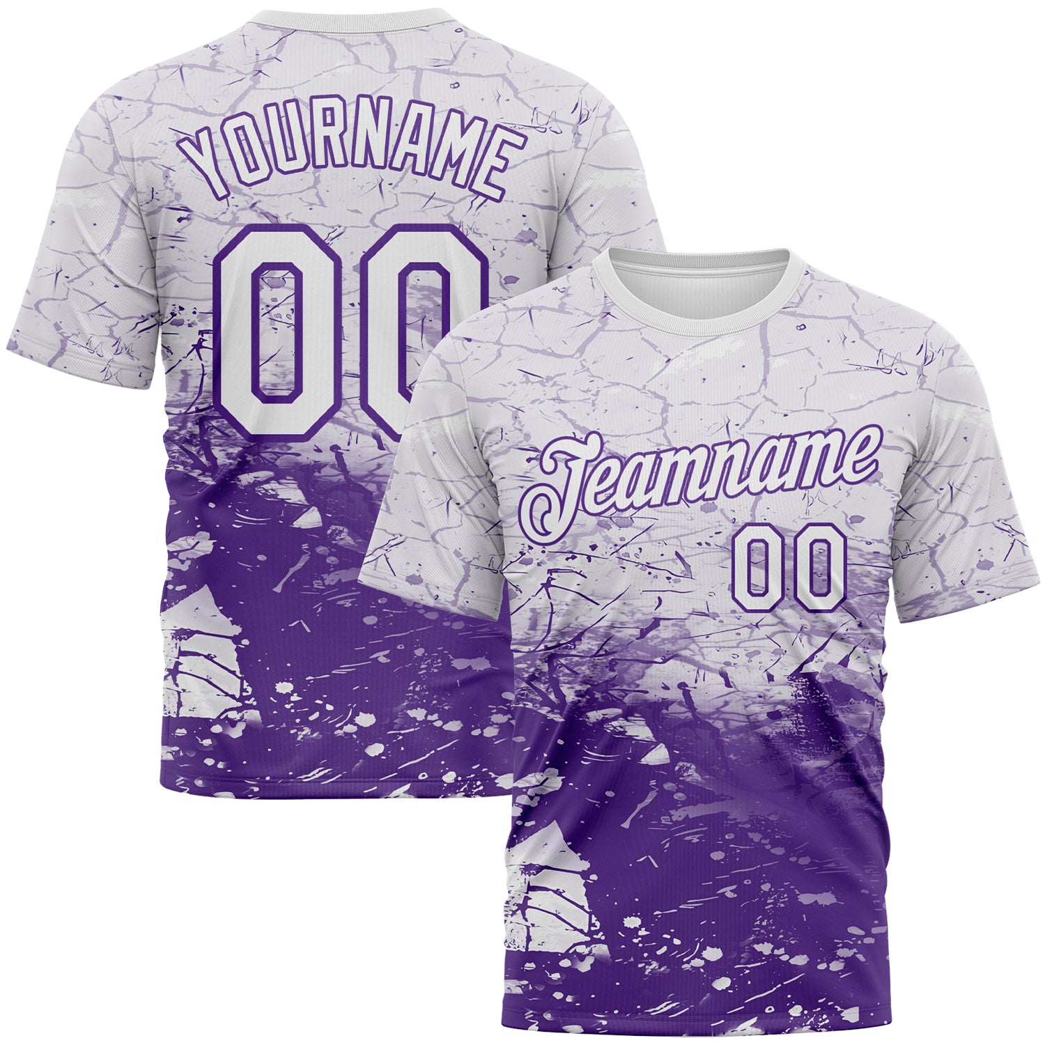 Custom White-Purple 3D Pattern Cracked Ink Grunge Jazz Style Performance T-Shirt