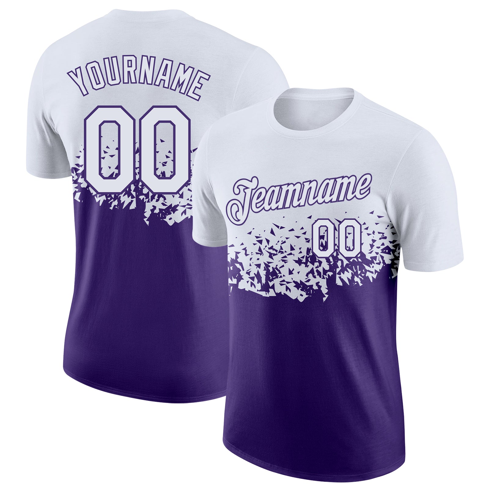 Custom White-Purple Fade Geometric Splatter Fragmented Shards Performance T-Shirt