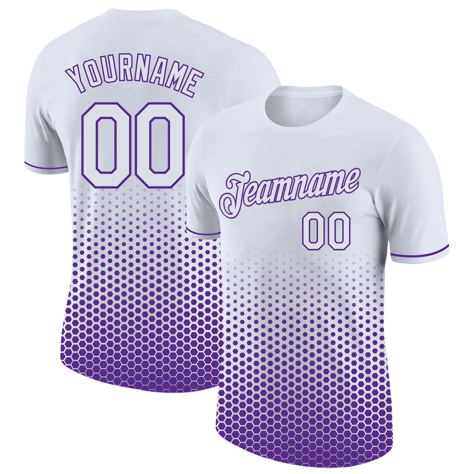 Custom White-Purple Geometric Hexagonal Dot Gradient Performance T-Shirt