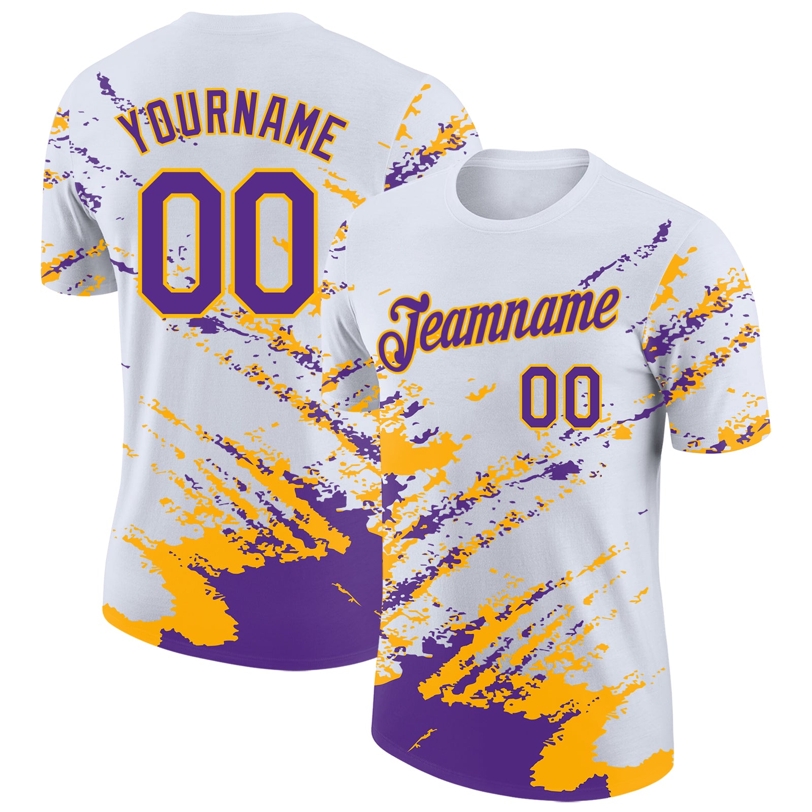 Custom White Purple-Gold Brush Stroke Shatter Splatter Performance T-Shirt