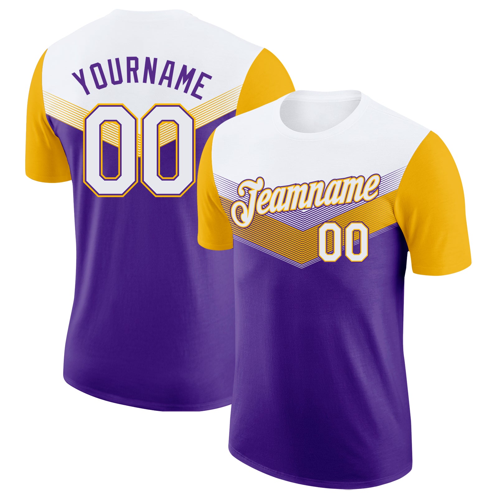 Custom White Purple-Gold Geometric V-Lines Color Block Performance T-Shirt