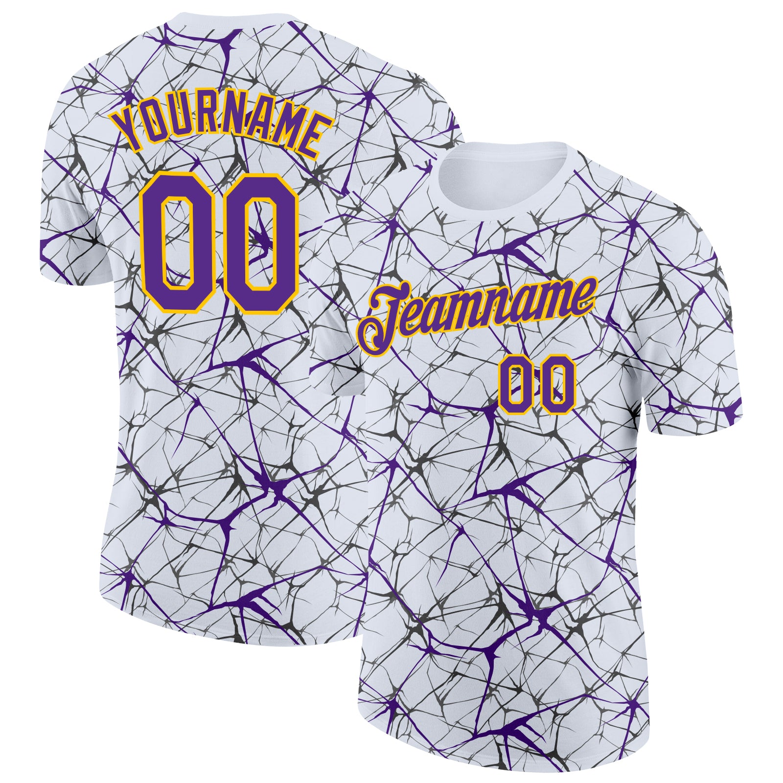 Custom White Purple Gray-Yellow Abstract Network Crackle Performance T-Shirt