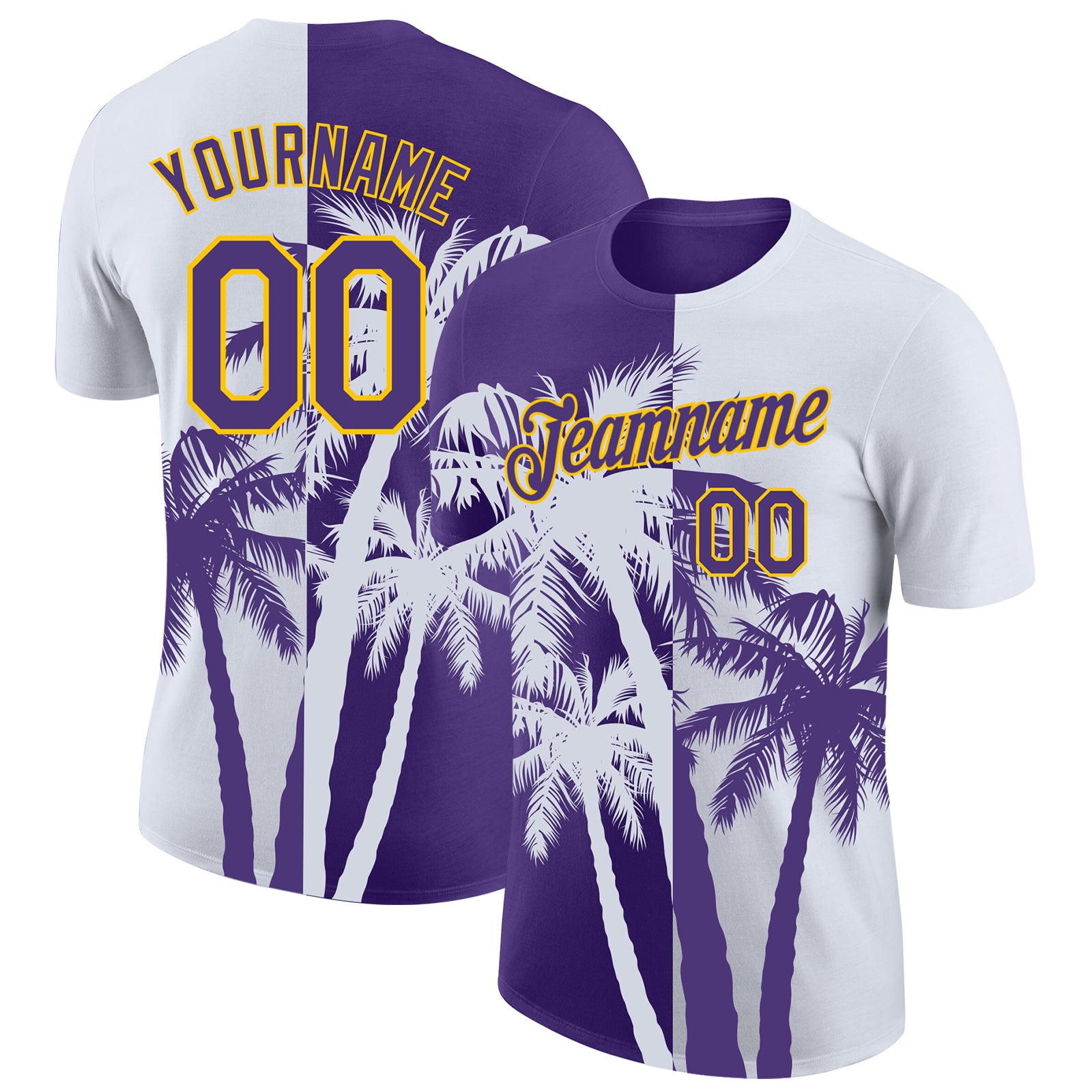 Custom White Purple-Yellow Hawaii Tropical Coastal Palm Trees Performance T-Shirt