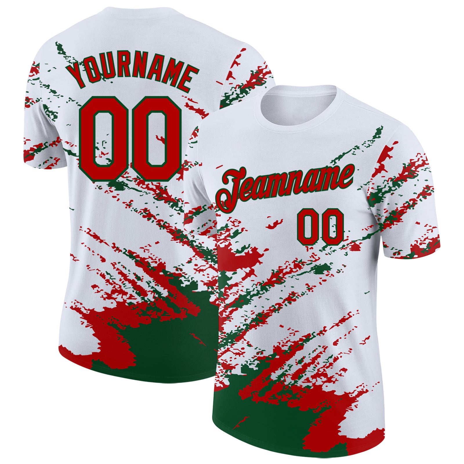 Custom White Red-Green Brush Stroke Shatter Splatter Performance T-Shirt