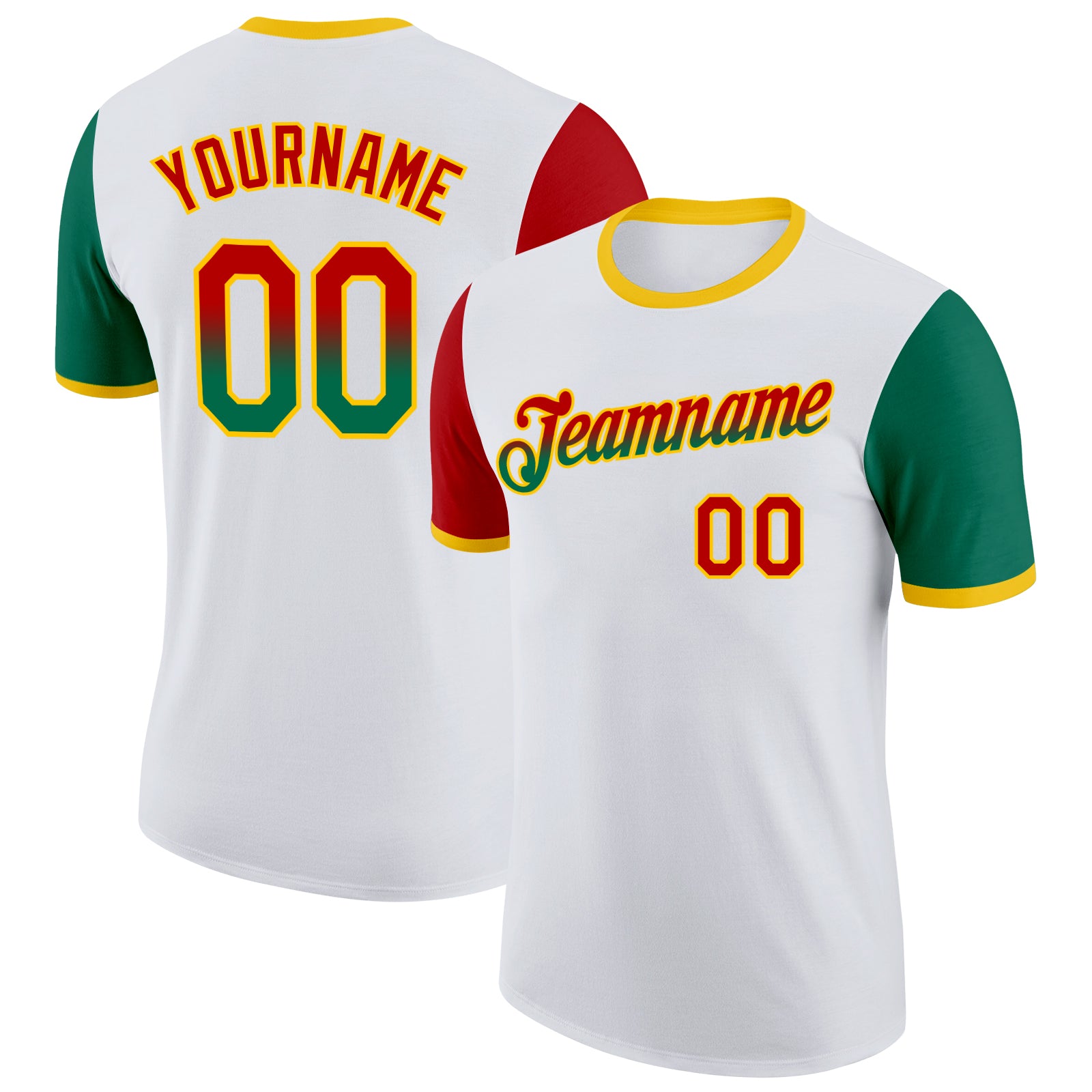 Custom White Red Kelly Green-Yellow Gradient Two Tone Performance T-Shirt
