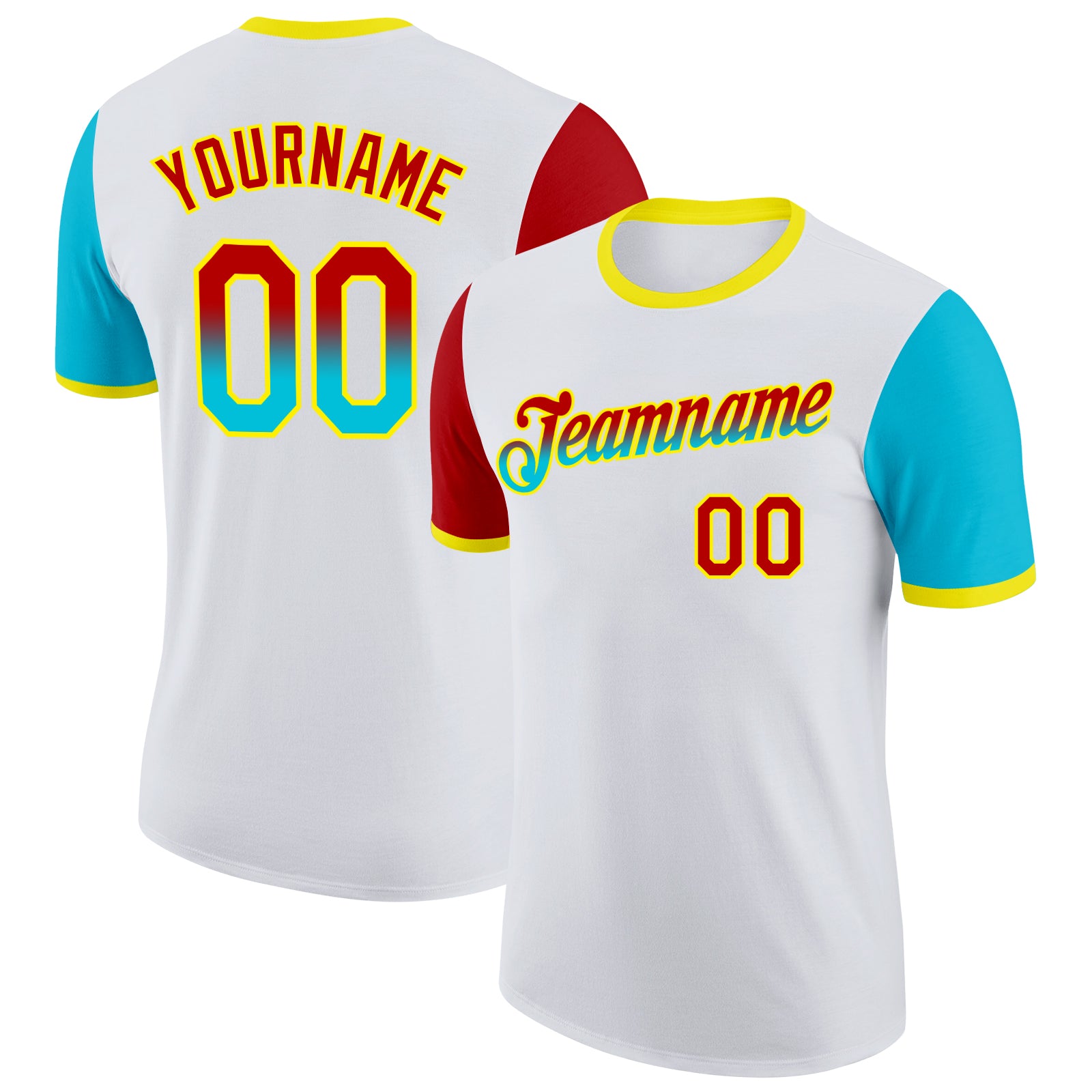 Custom White Red Lakes Blue-Light Yellow Gradient Two Tone Performance T-Shirt
