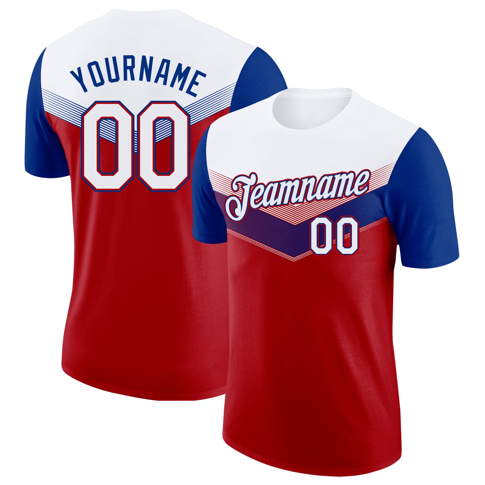 Custom White Red-Royal Geometric V-Lines Color Block Performance T-Shirt