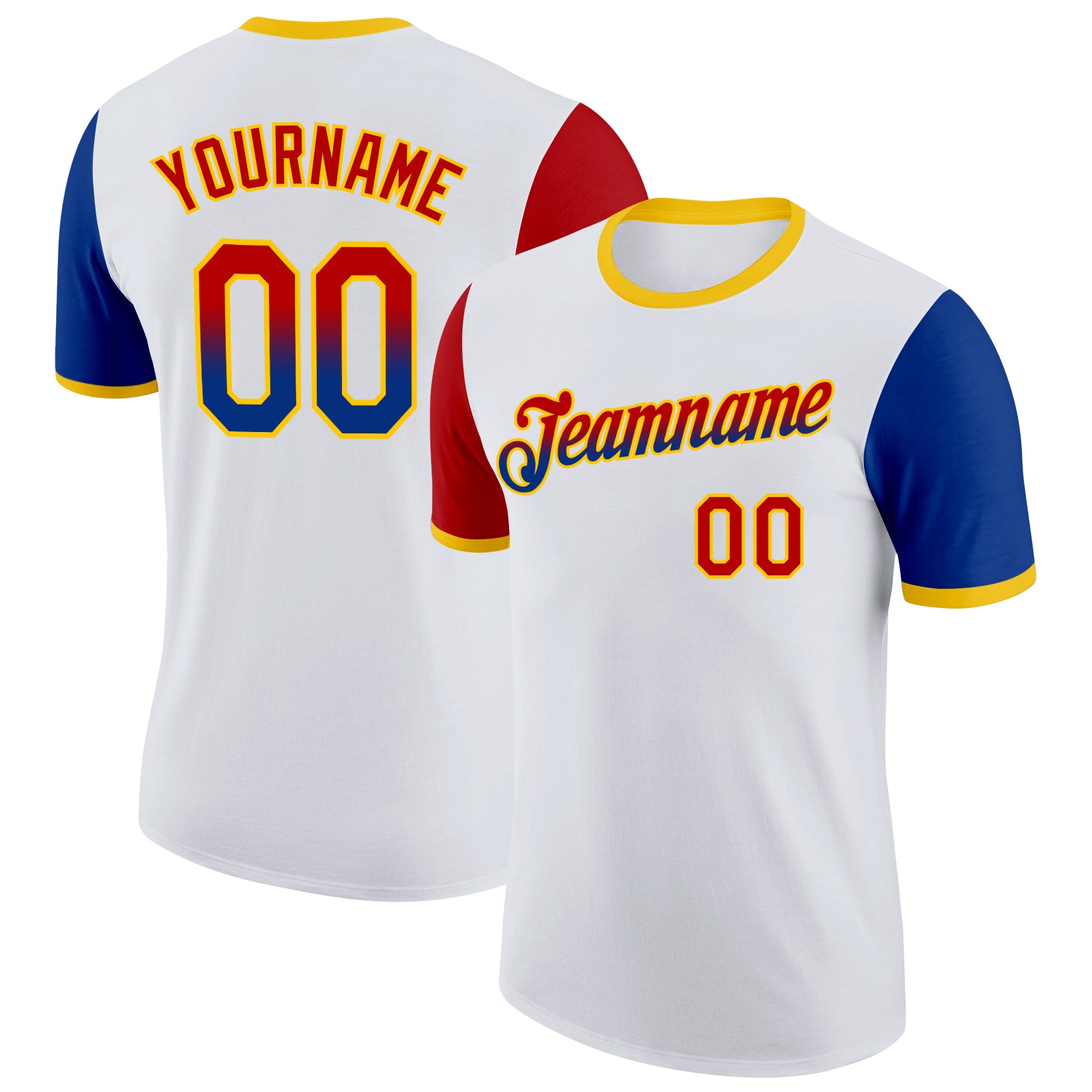 Custom White Red Royal-Yellow Gradient Two Tone Performance T-Shirt