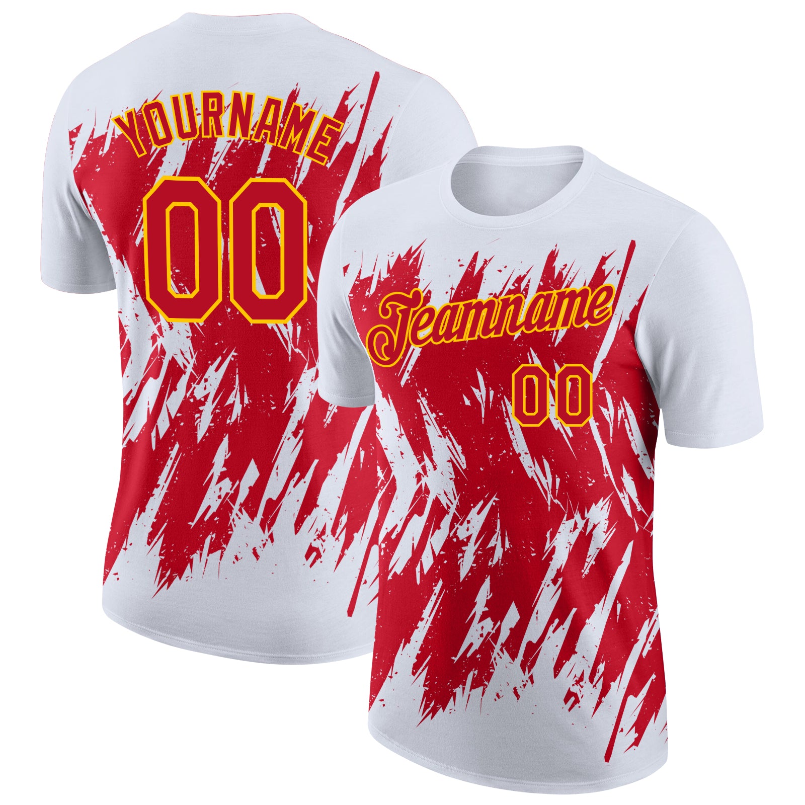 Custom White Red-Yellow Torn Sharp Brush Stroke Splatter Performance T-Shirt