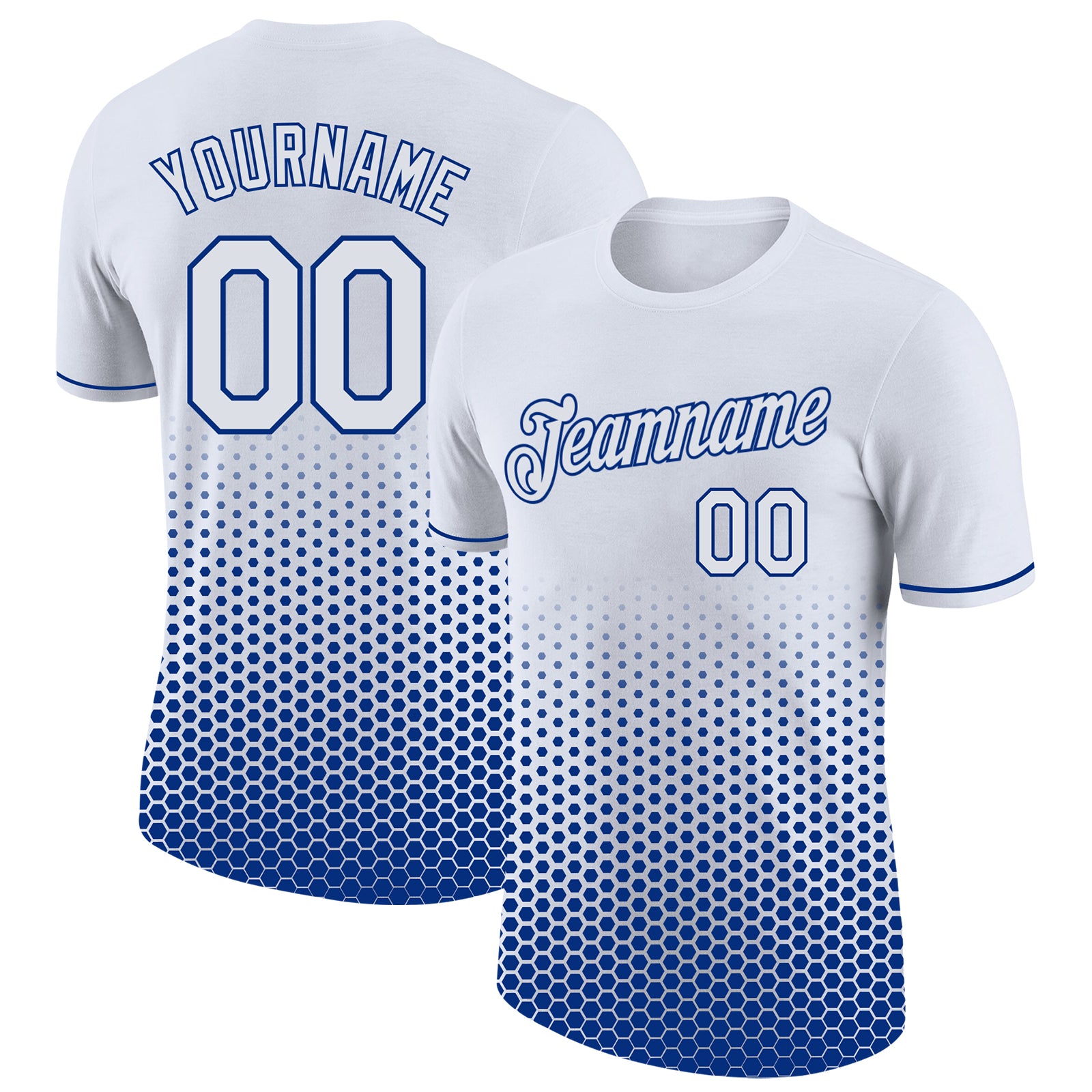 Custom White-Royal Geometric Hexagonal Dot Gradient Performance T-Shirt