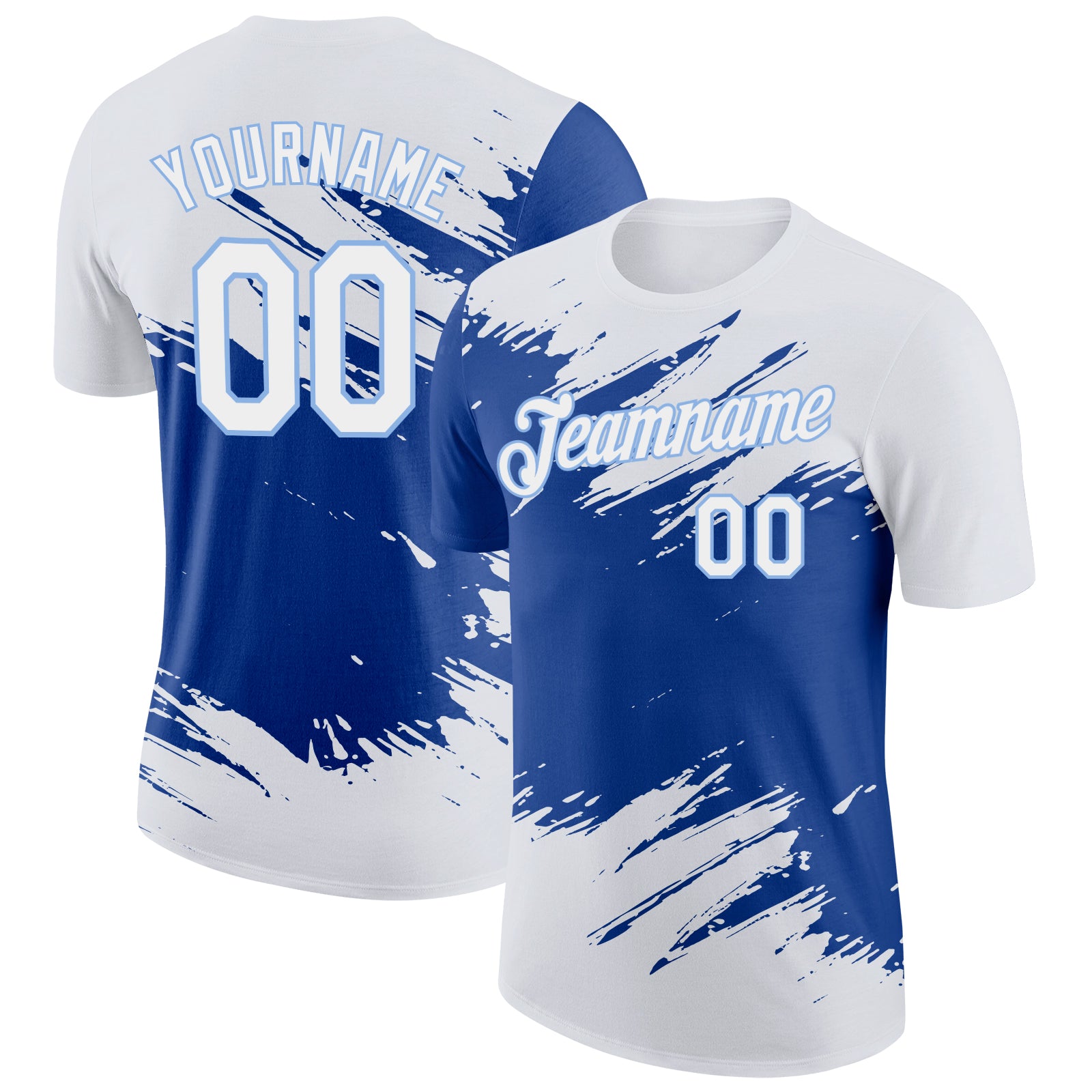 Custom White Royal-Light Blue Abstract Brush Stroke Splatter Performance T-Shirt