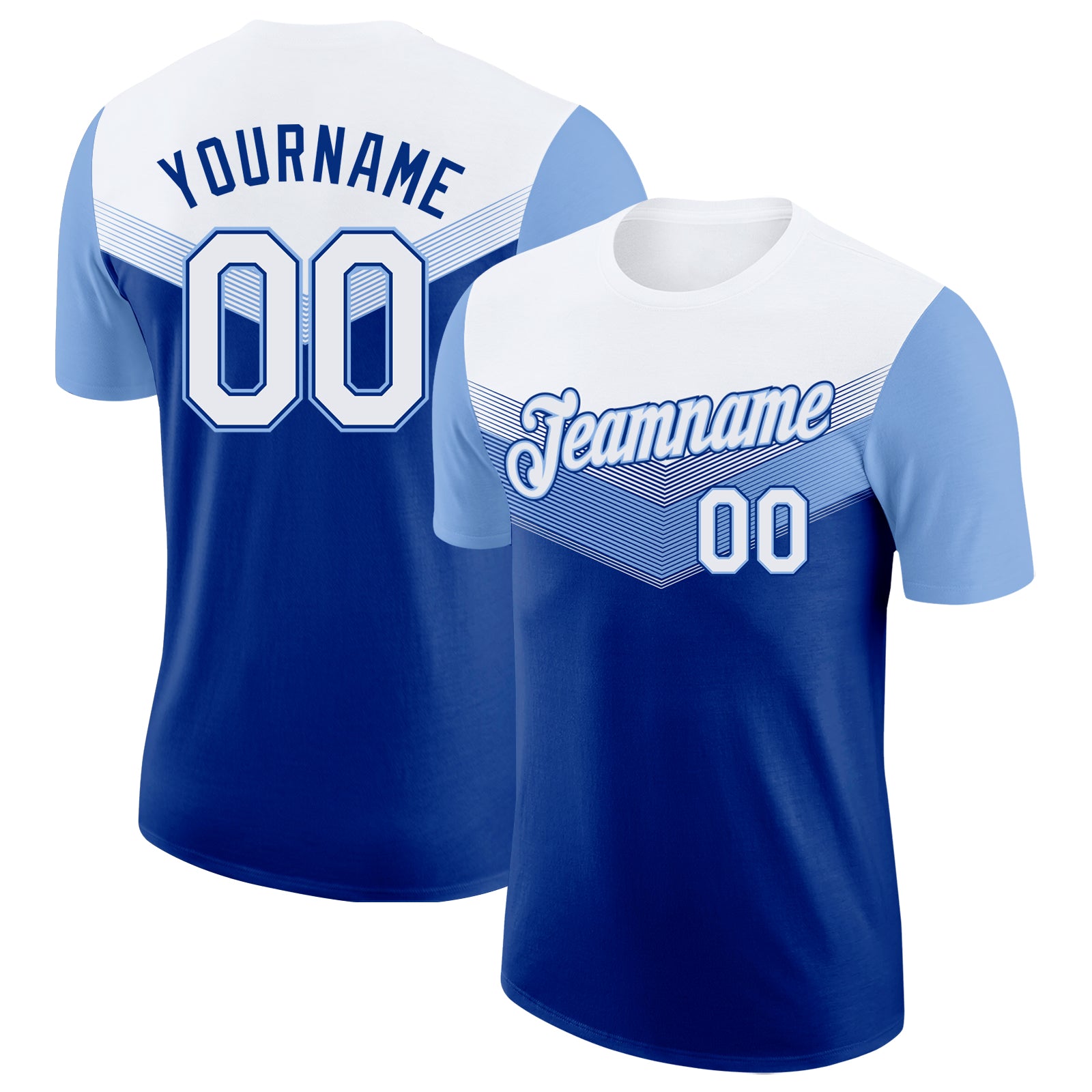 Custom White Royal-Light Blue Geometric V-Lines Color Block Performance T-Shirt