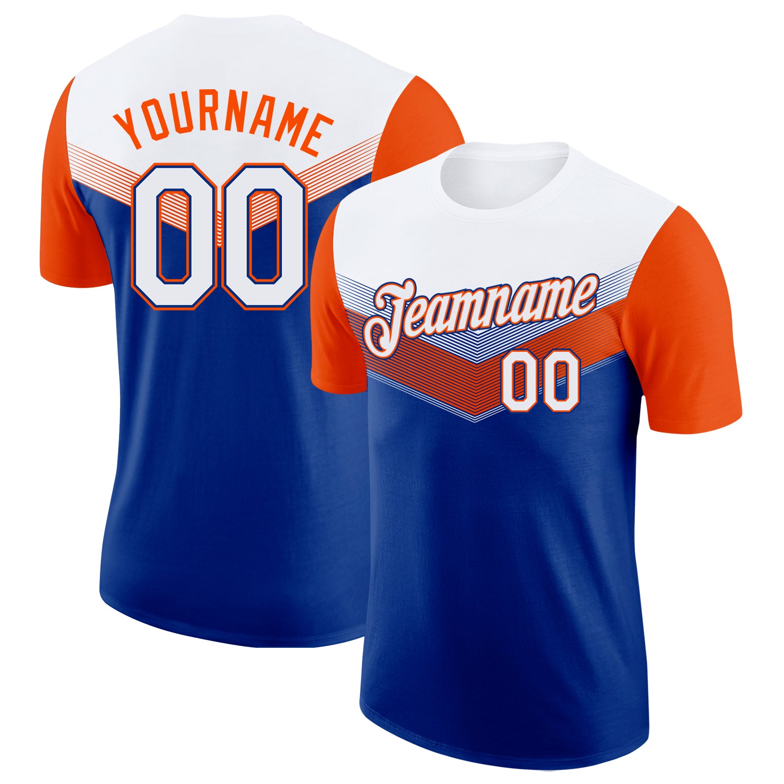 Custom White Royal-Orange Geometric V-Lines Color Block Performance T-Shirt
