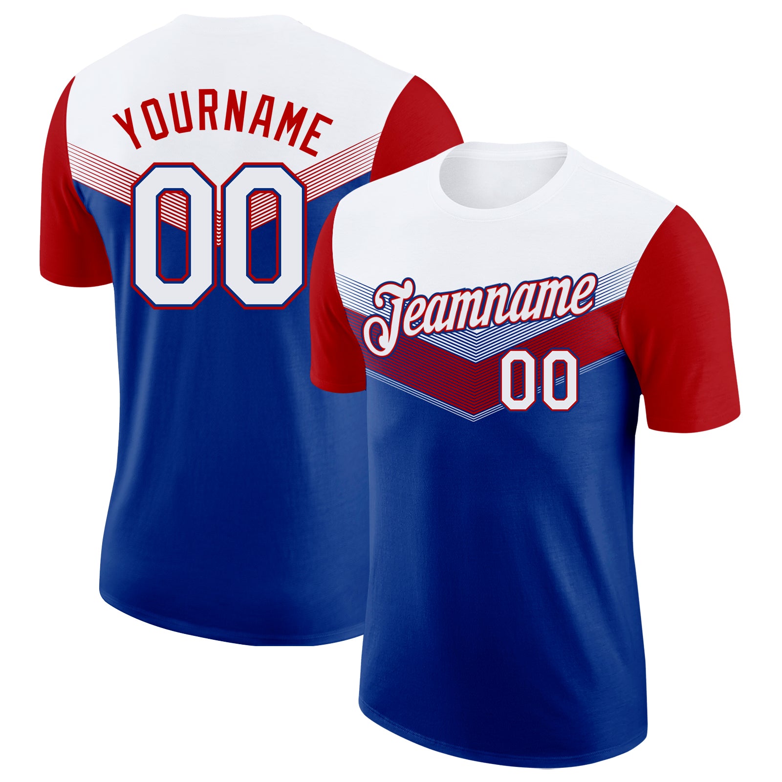 Custom White Royal-Red Geometric V-Lines Color Block Performance T-Shirt