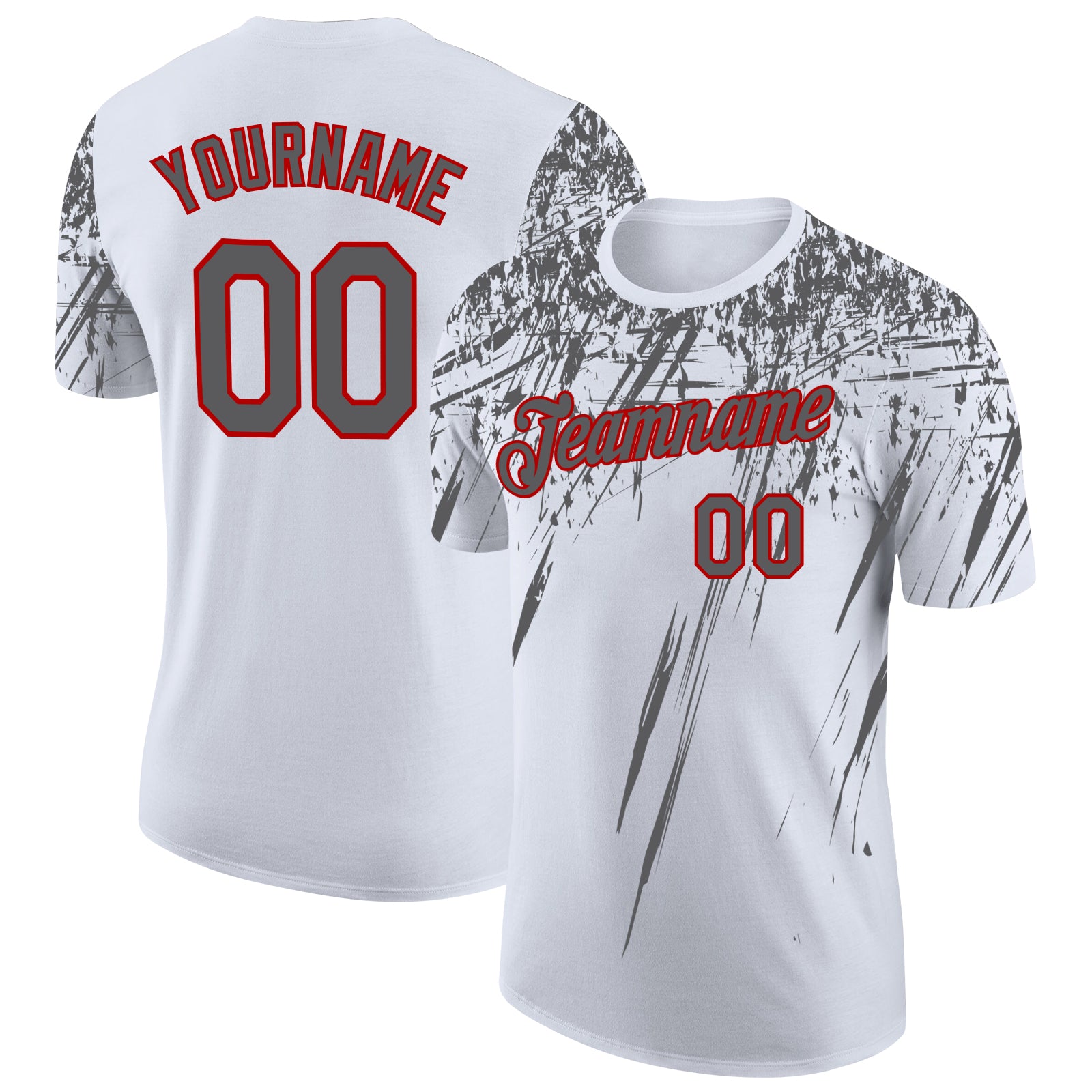 Custom White Steel Gray-Red Distressed Scratch Brush Stroke Performance T-Shirt
