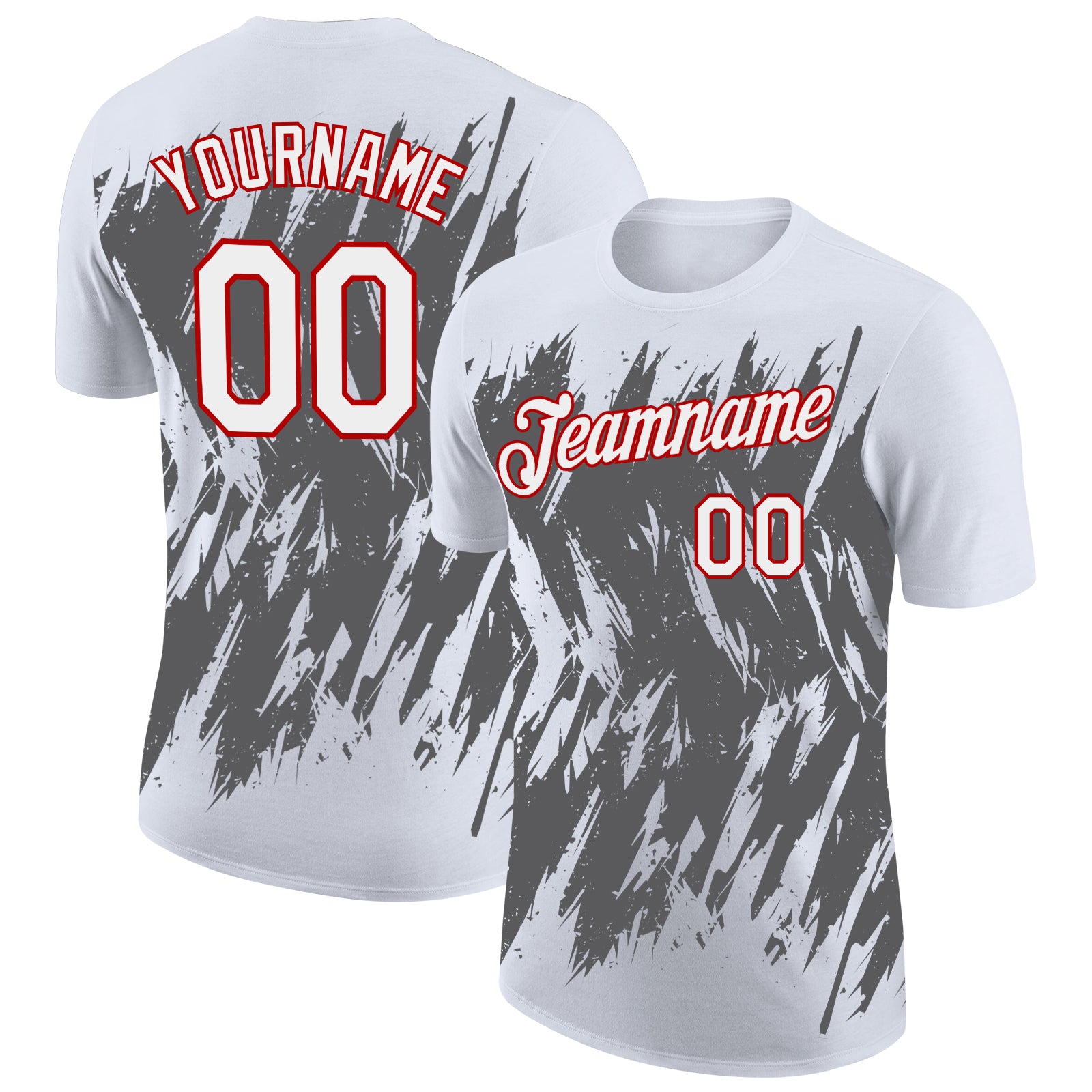 Custom White Steel Gray-Red Torn Sharp Brush Stroke Splatter Performance T-Shirt