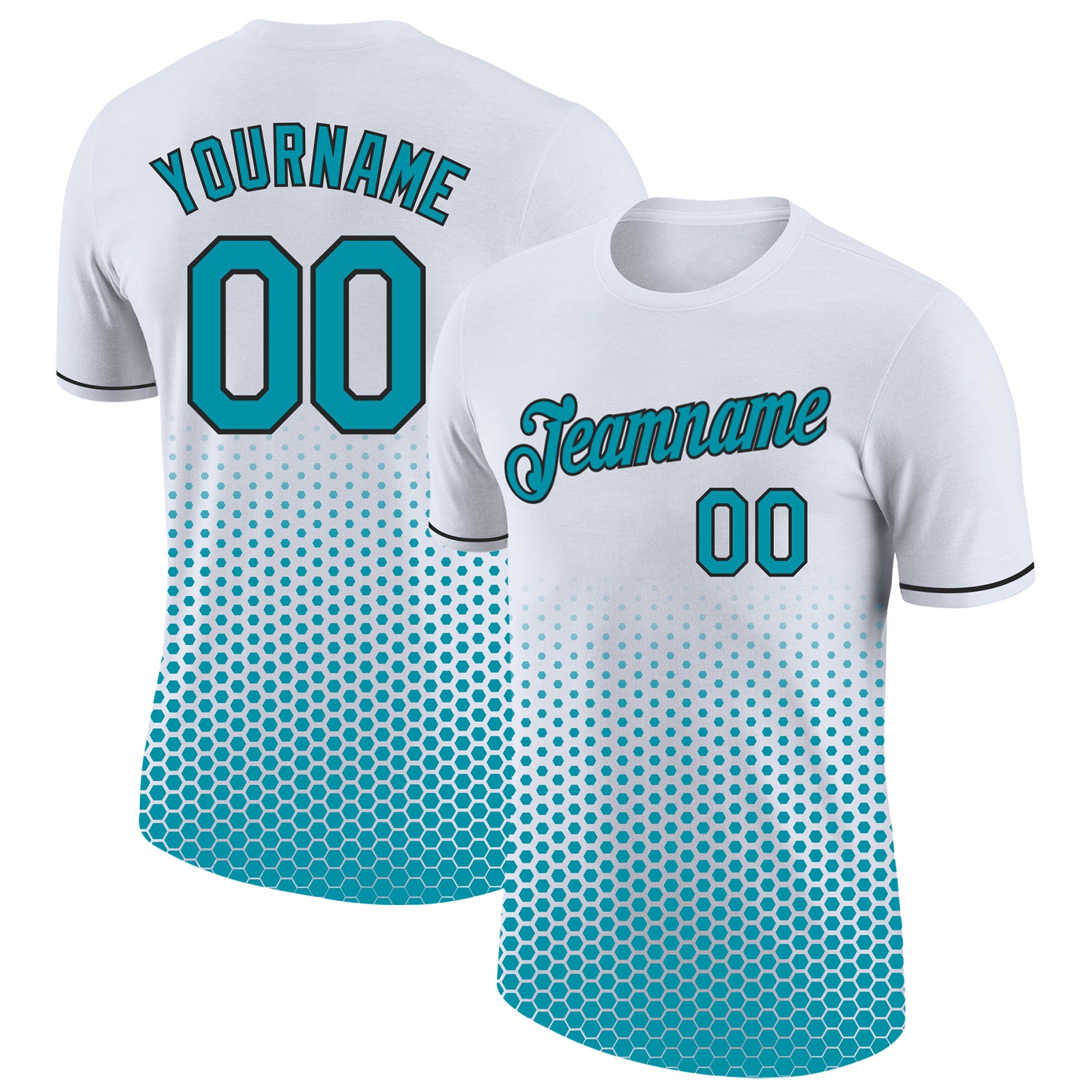 Custom White Teal-Black Geometric Hexagonal Dot Gradient Performance T-Shirt
