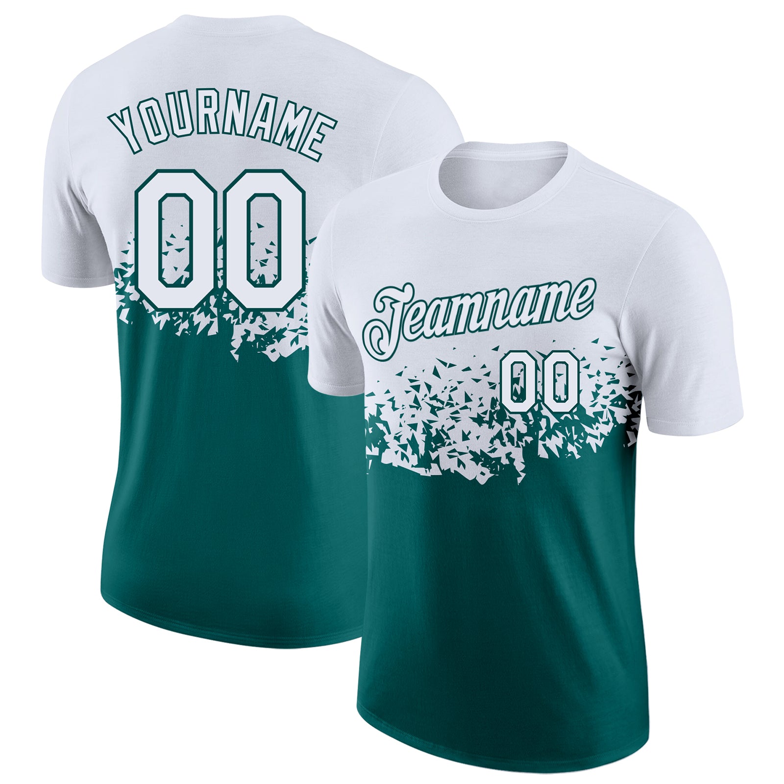 Custom White-Teal Fade Geometric Splatter Fragmented Shards Performance T-Shirt