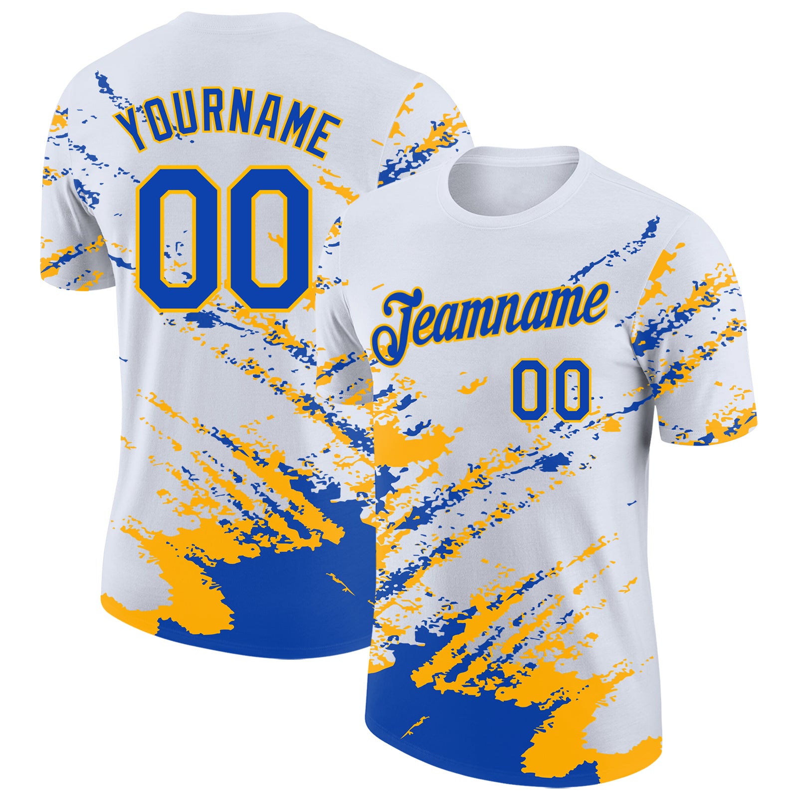 Custom White Thunder Blue-Gold Brush Stroke Shatter Splatter Performance T-Shirt