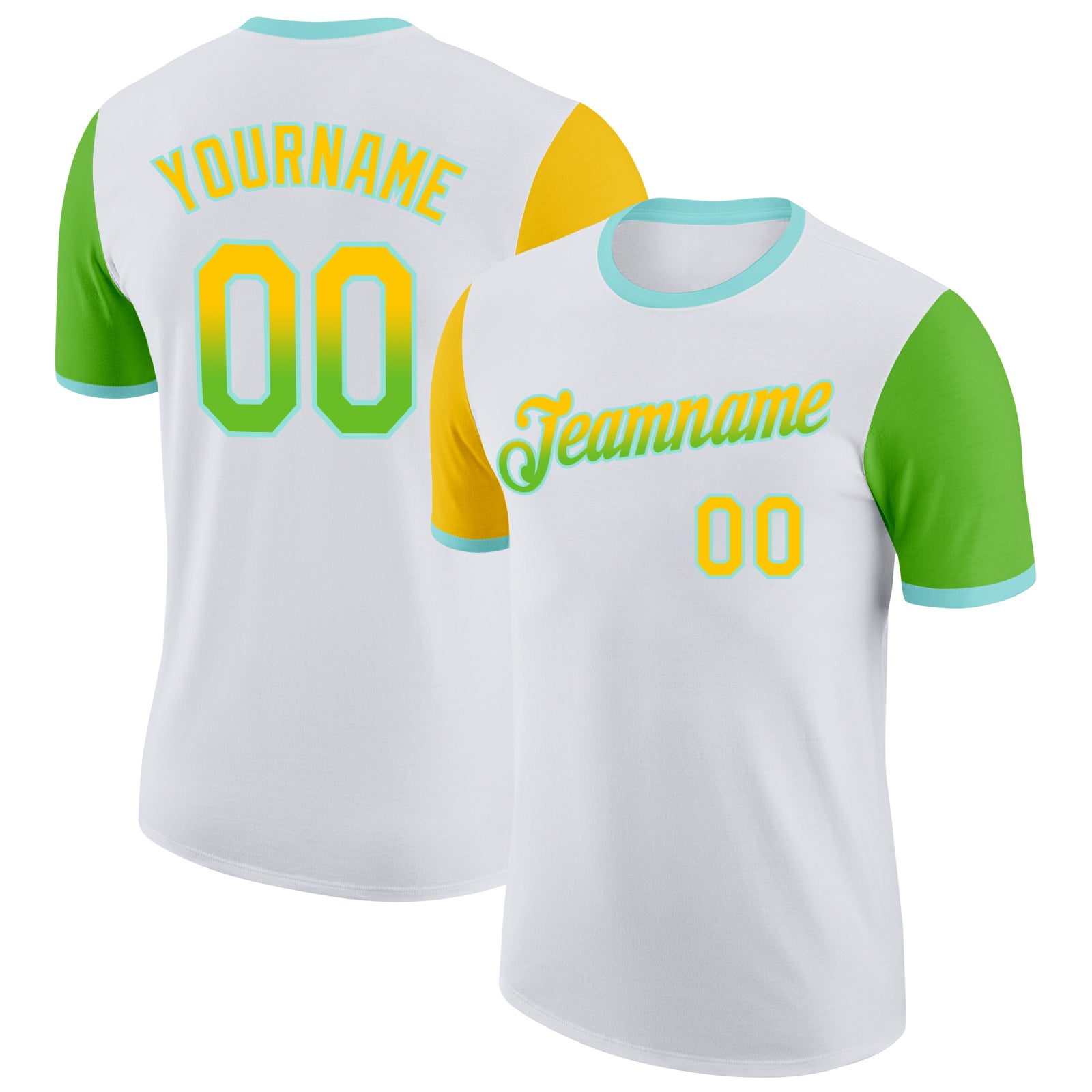 Custom White Yellow Aurora Green-Ice Blue Gradient Two Tone Performance T-Shirt