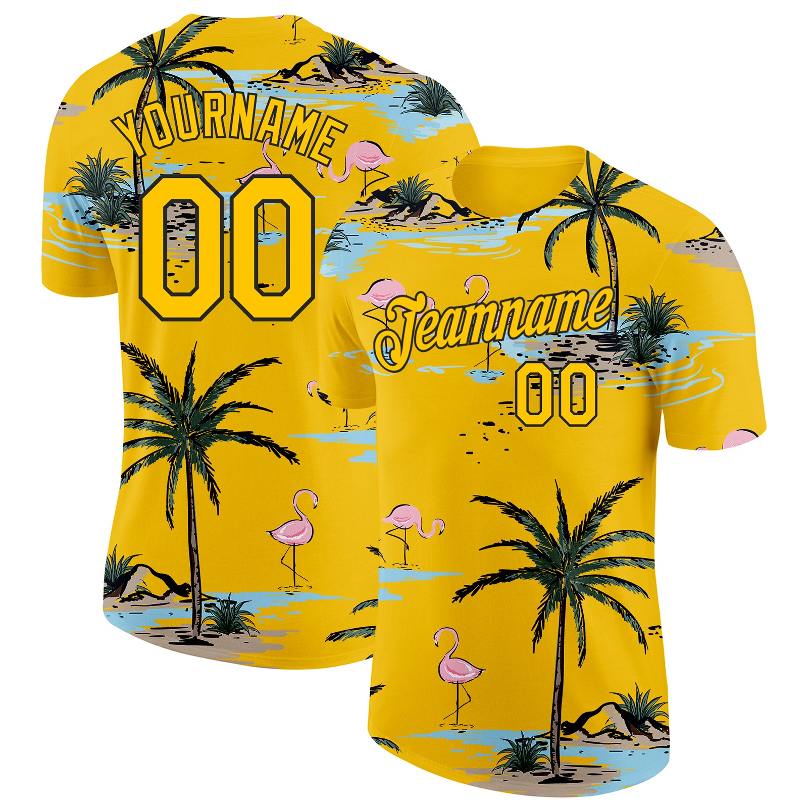 Custom Yellow-Black Tropical Hawaii Palm Trees Summer Beach Flamingo Performance T-Shirt