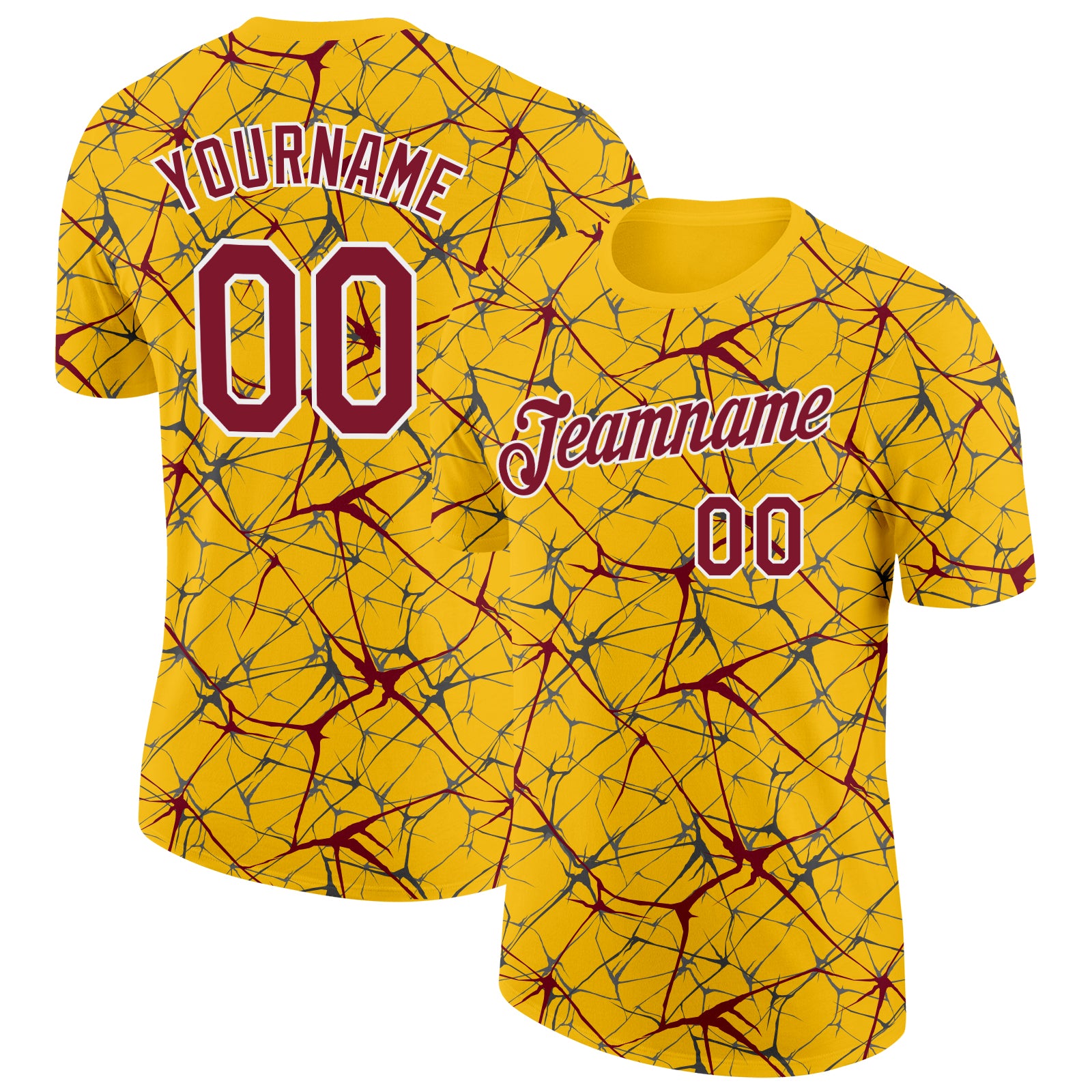 Custom Yellow Crimson Gray-White Abstract Network Crackle Performance T-Shirt