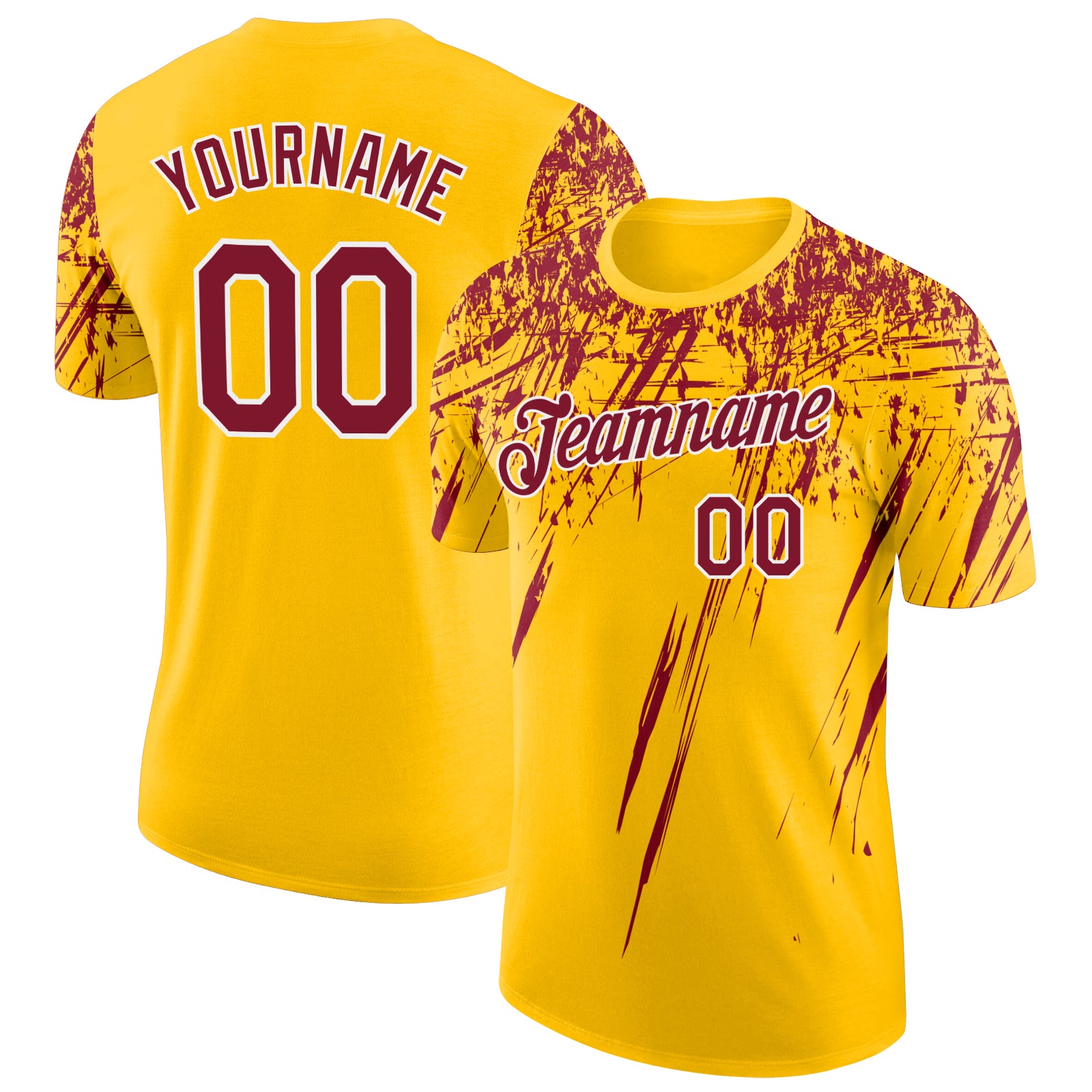 Custom Yellow Crimson-White Distressed Scratch Brush Stroke Performance T-Shirt