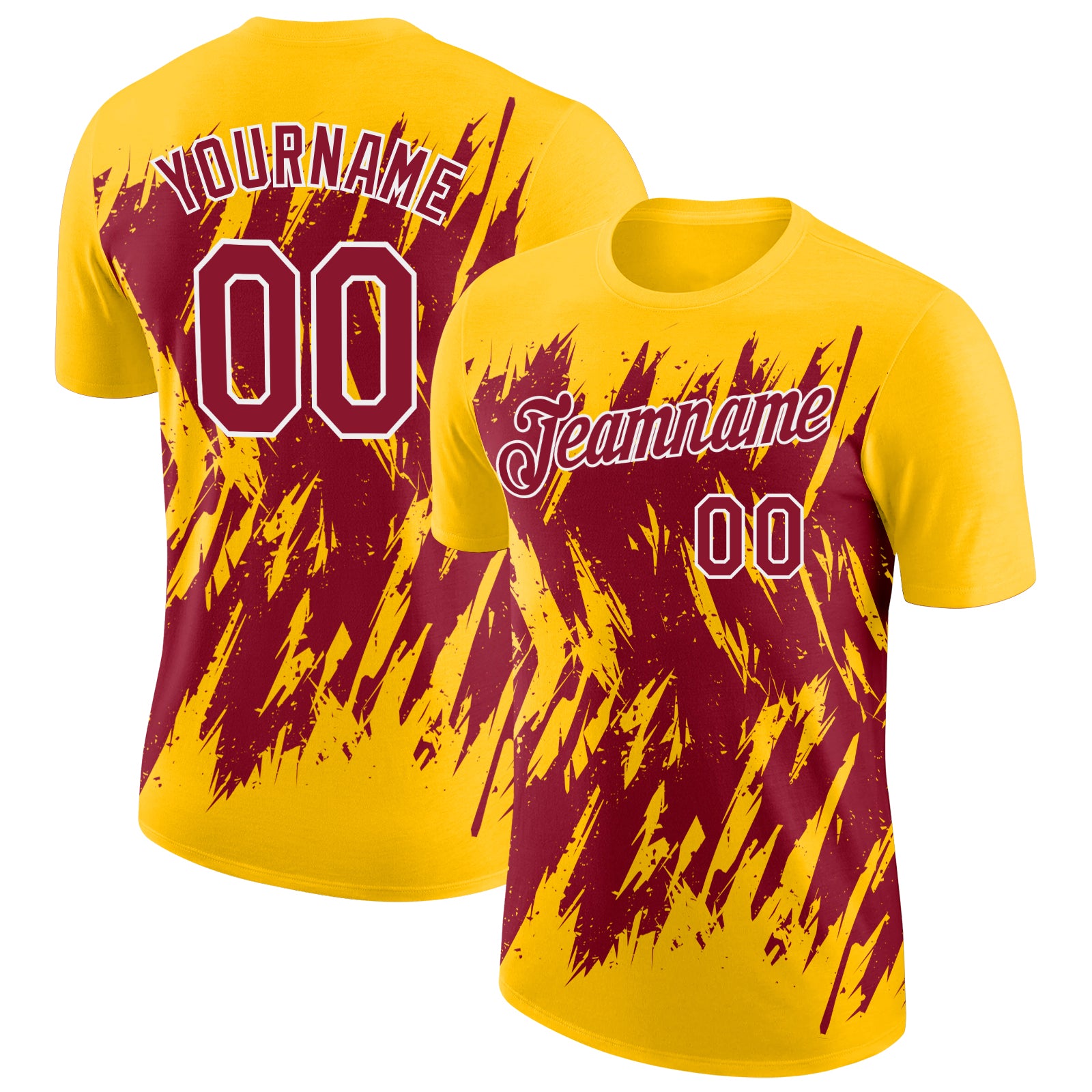 Custom Yellow Crimson-White Torn Sharp Brush Stroke Splatter Performance T-Shirt