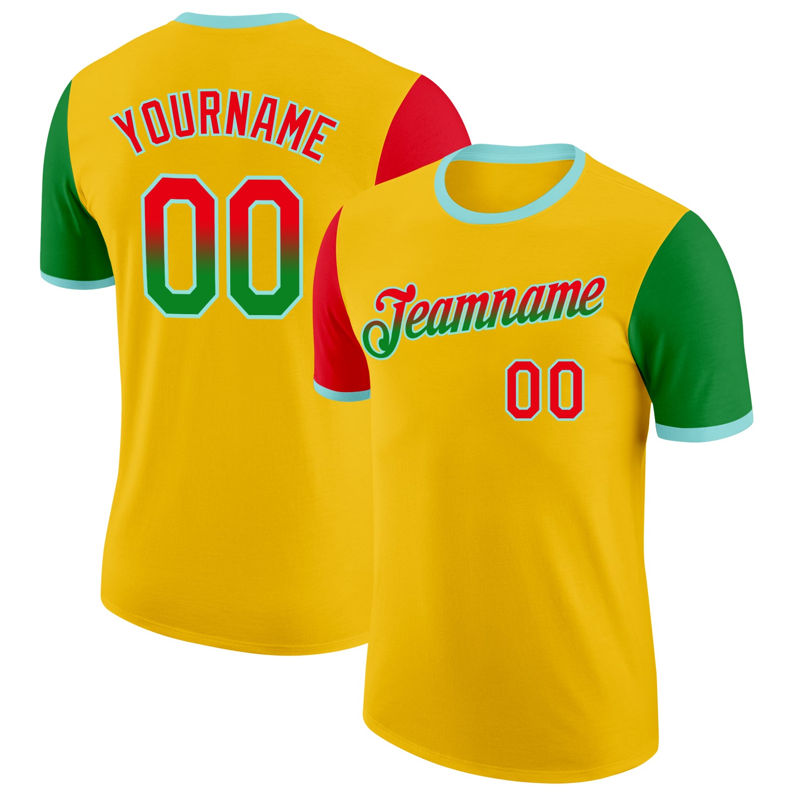 Custom Yellow Fire Red Grass Green-Ice Blue Gradient Two Tone Performance T-Shirt