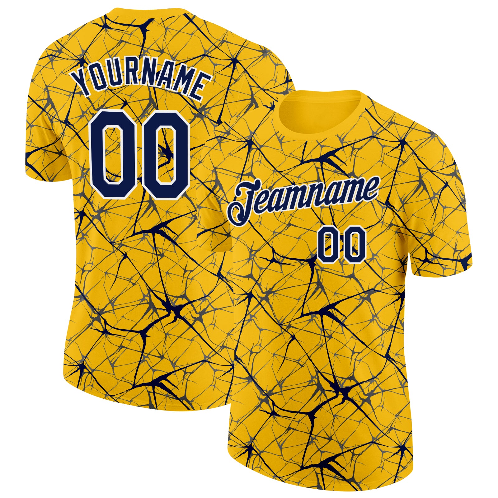 Custom Yellow Navy Gray-White Abstract Network Crackle Performance T-Shirt