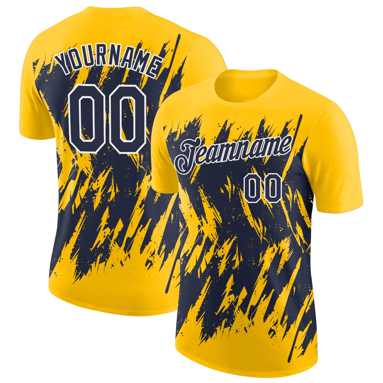 Custom Yellow Navy-White Torn Sharp Brush Stroke Splatter Performance T-Shirt