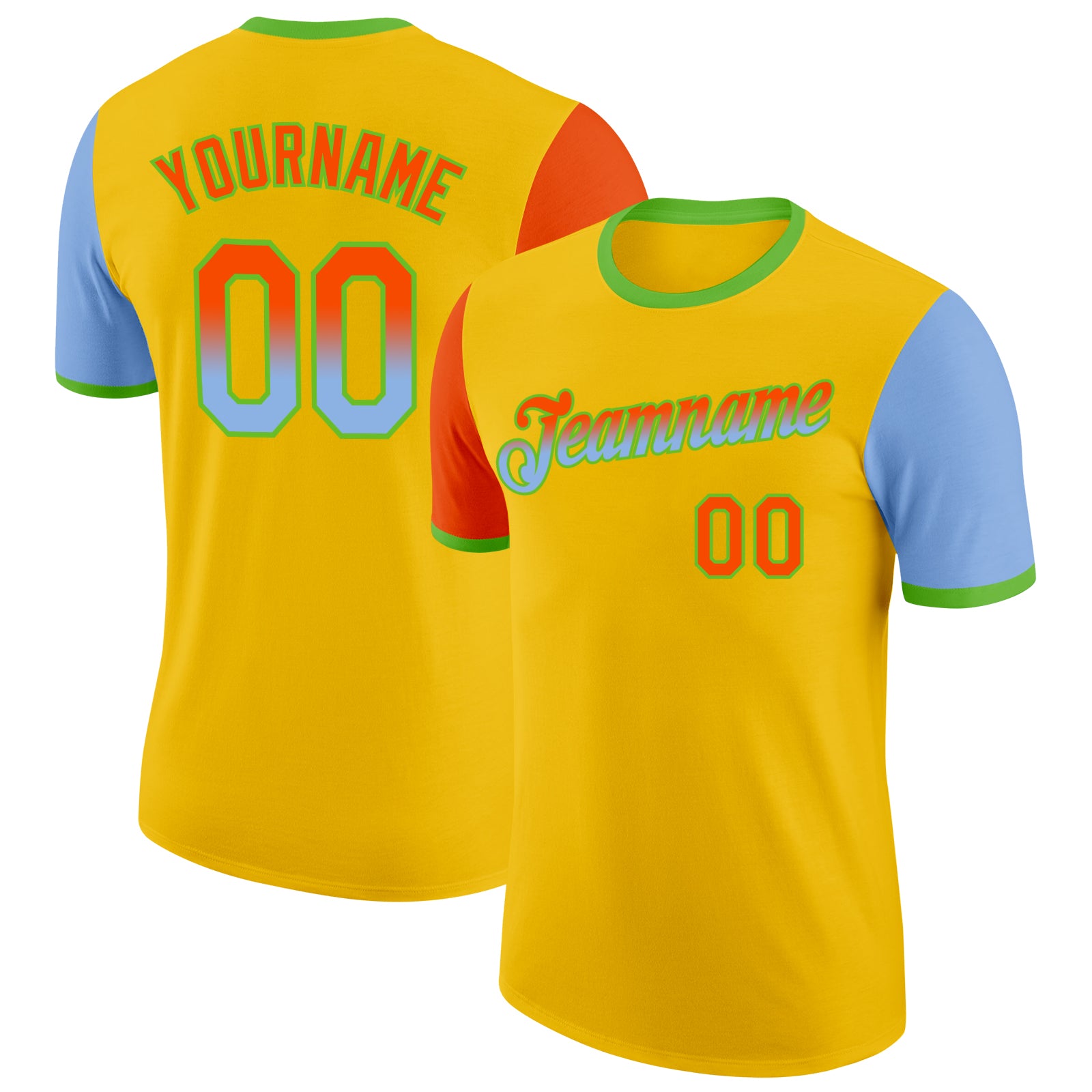 Custom Yellow Orange Light Blue-Aurora Green Gradient Two Tone Performance T-Shirt