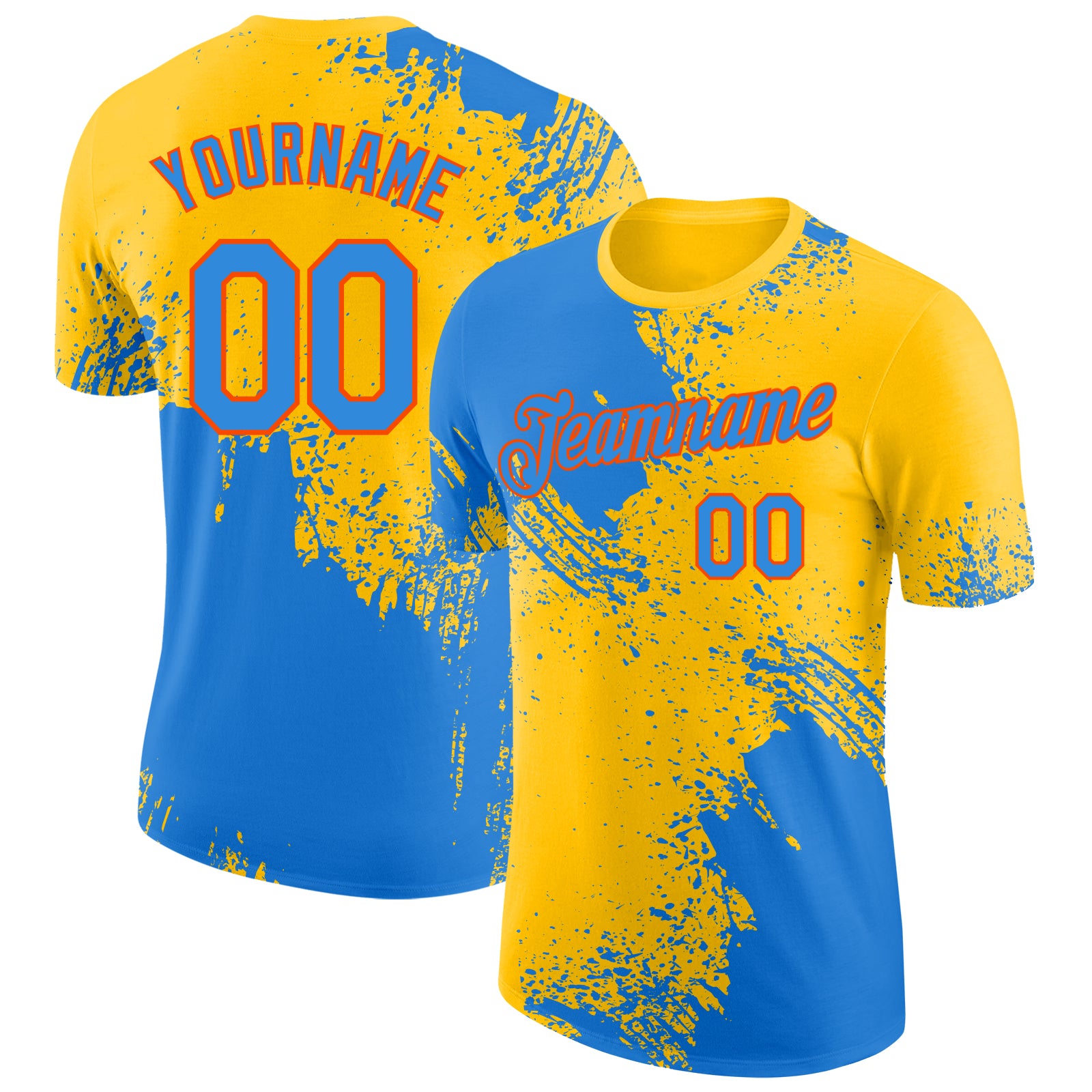 Custom Yellow Powder Blue-Orange Abstract Brush Stroke Performance T-Shirt
