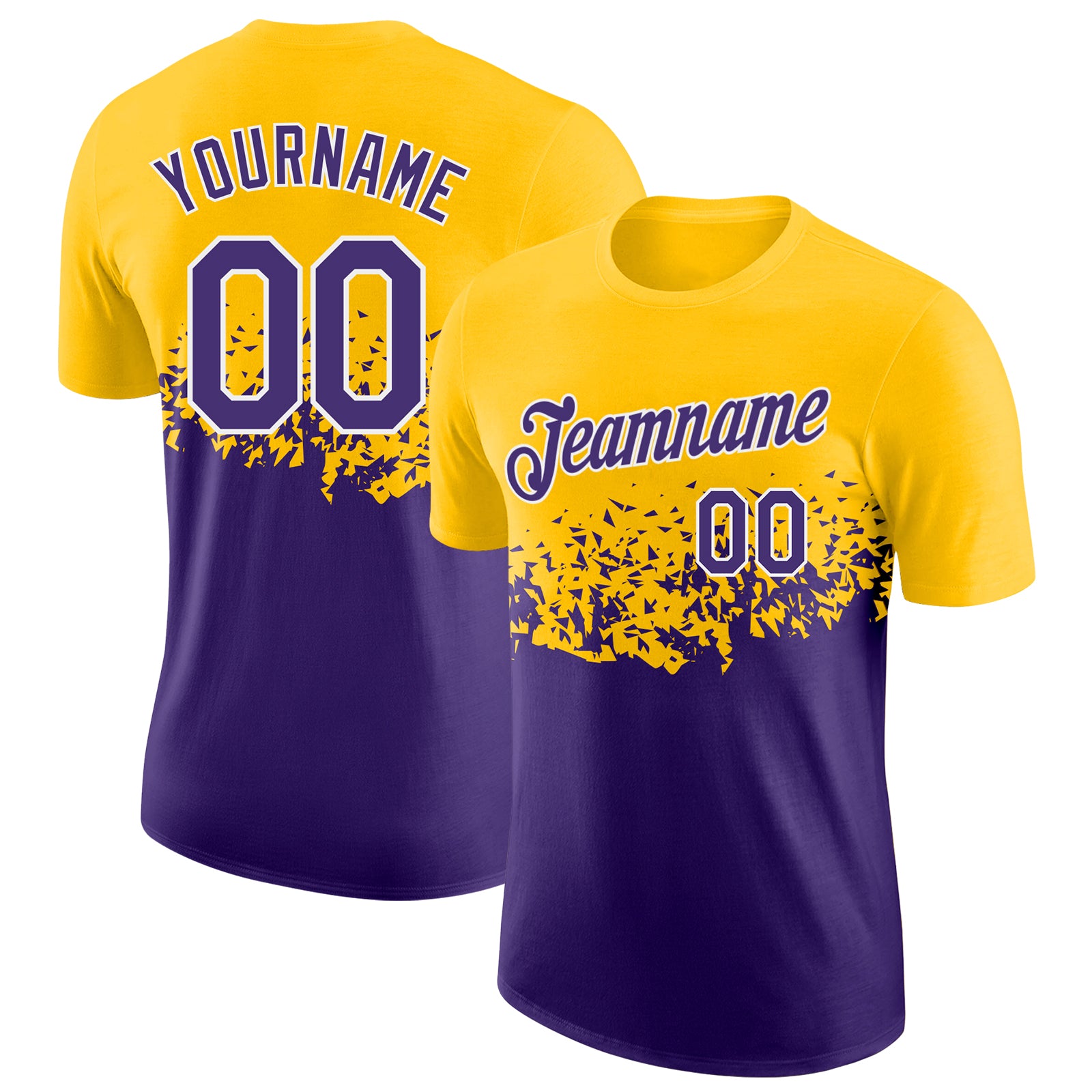 Custom Yellow Purple-White Fade Geometric Splatter Fragmented Shards Performance T-Shirt
