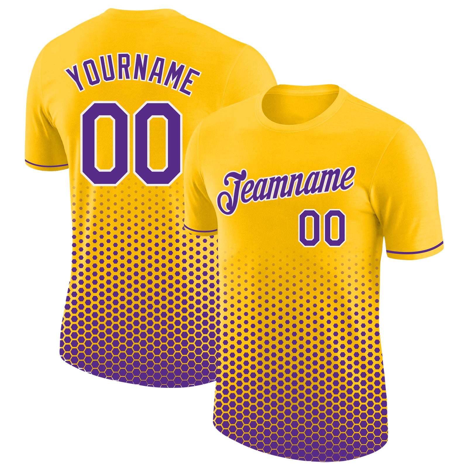 Custom Yellow Purple-White Geometric Hexagonal Dot Gradient Performance T-Shirt