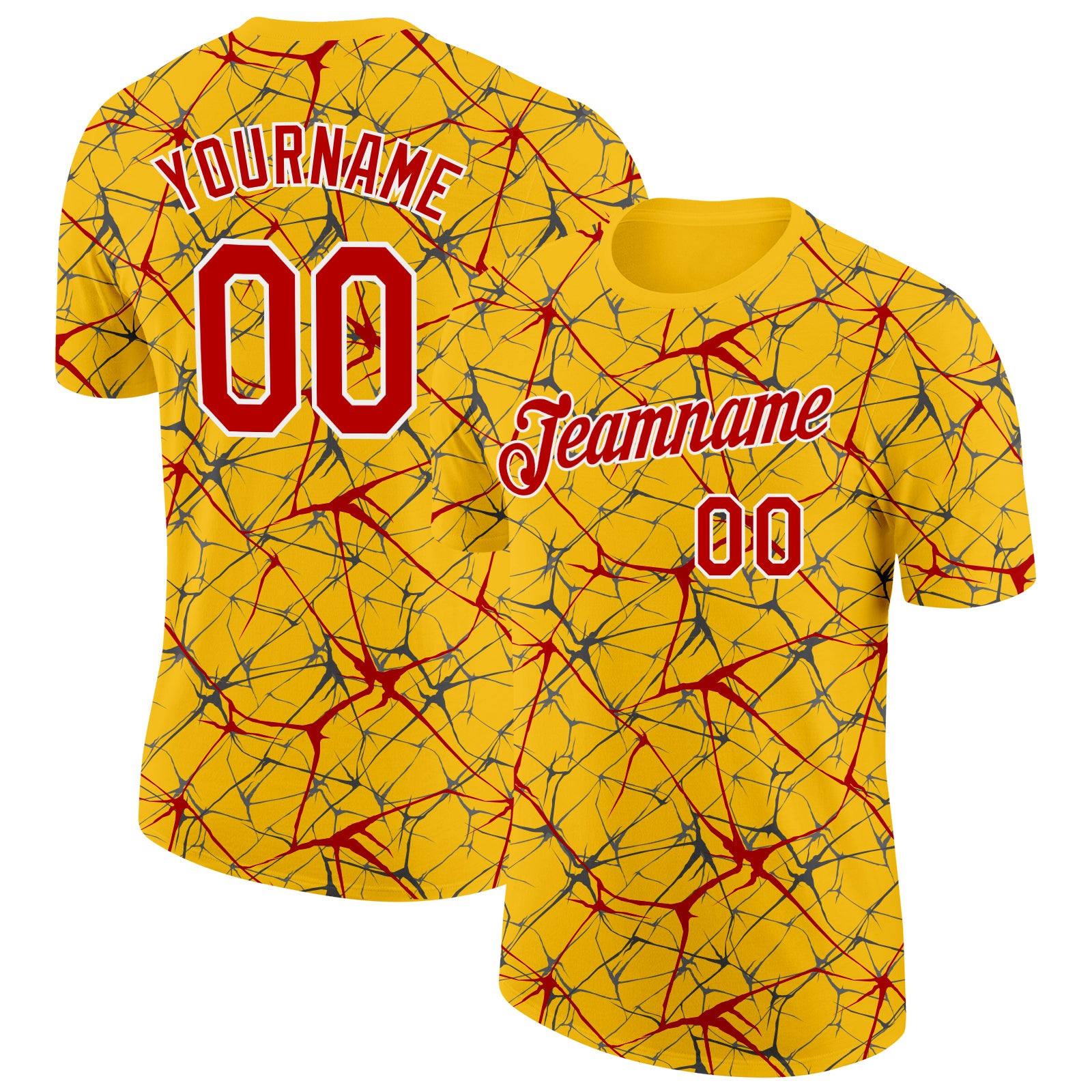 Custom Yellow Red Gray-White Abstract Network Crackle Performance T-Shirt