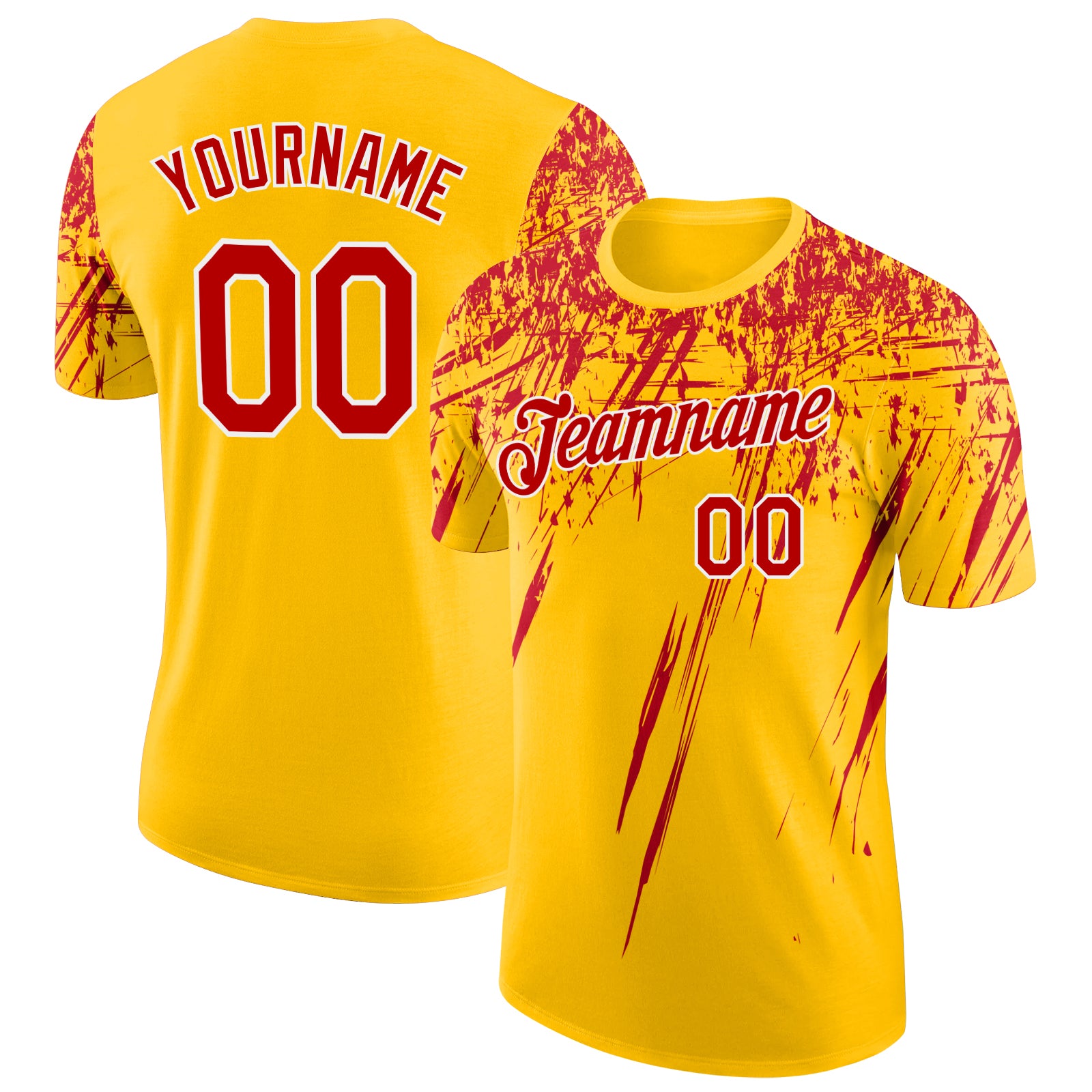Custom Yellow Red-White Distressed Scratch Brush Stroke Performance T-Shirt