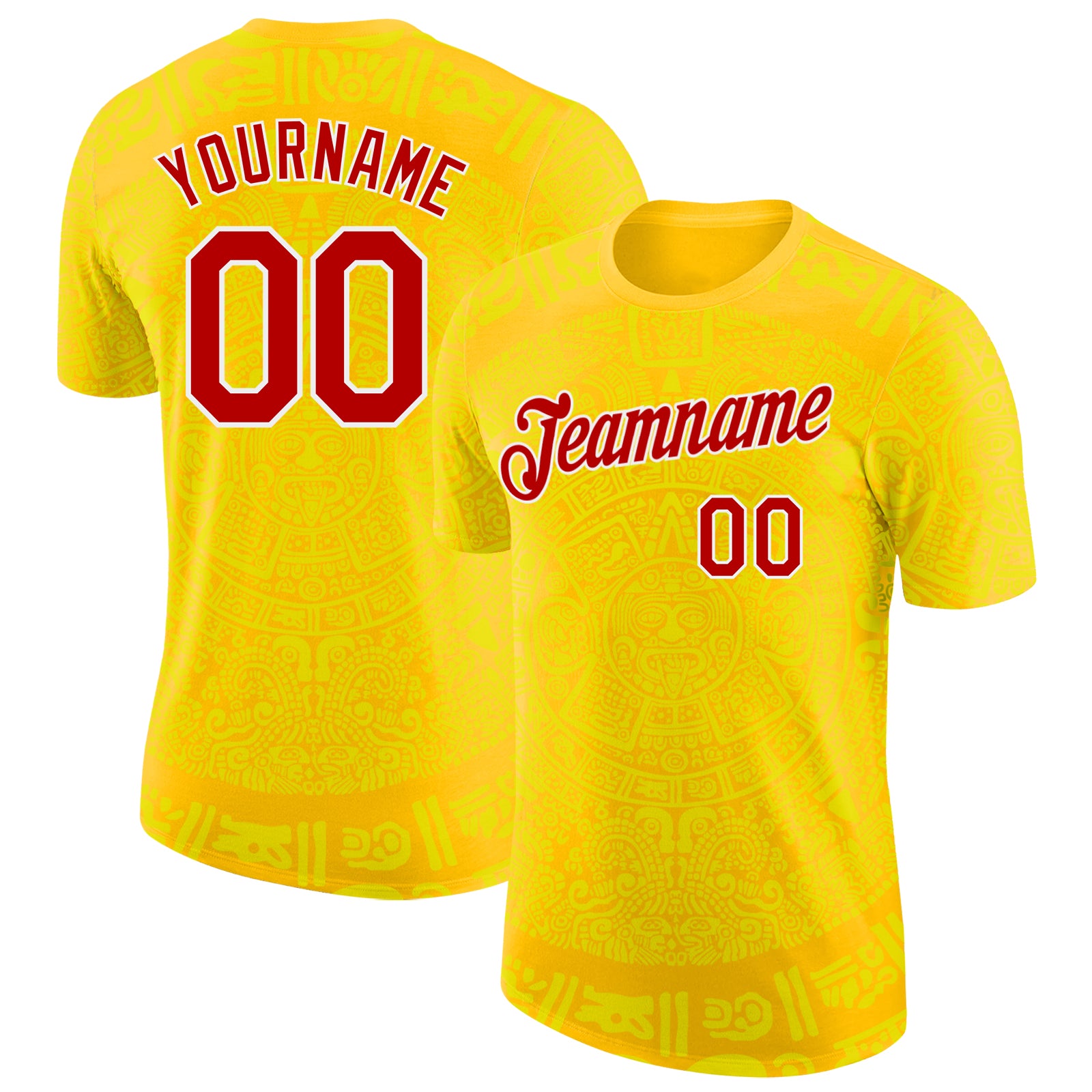 Custom Yellow Red-White Tribal Ethnic Aztec Sun Stone 3D Pattern Performance T-Shirt