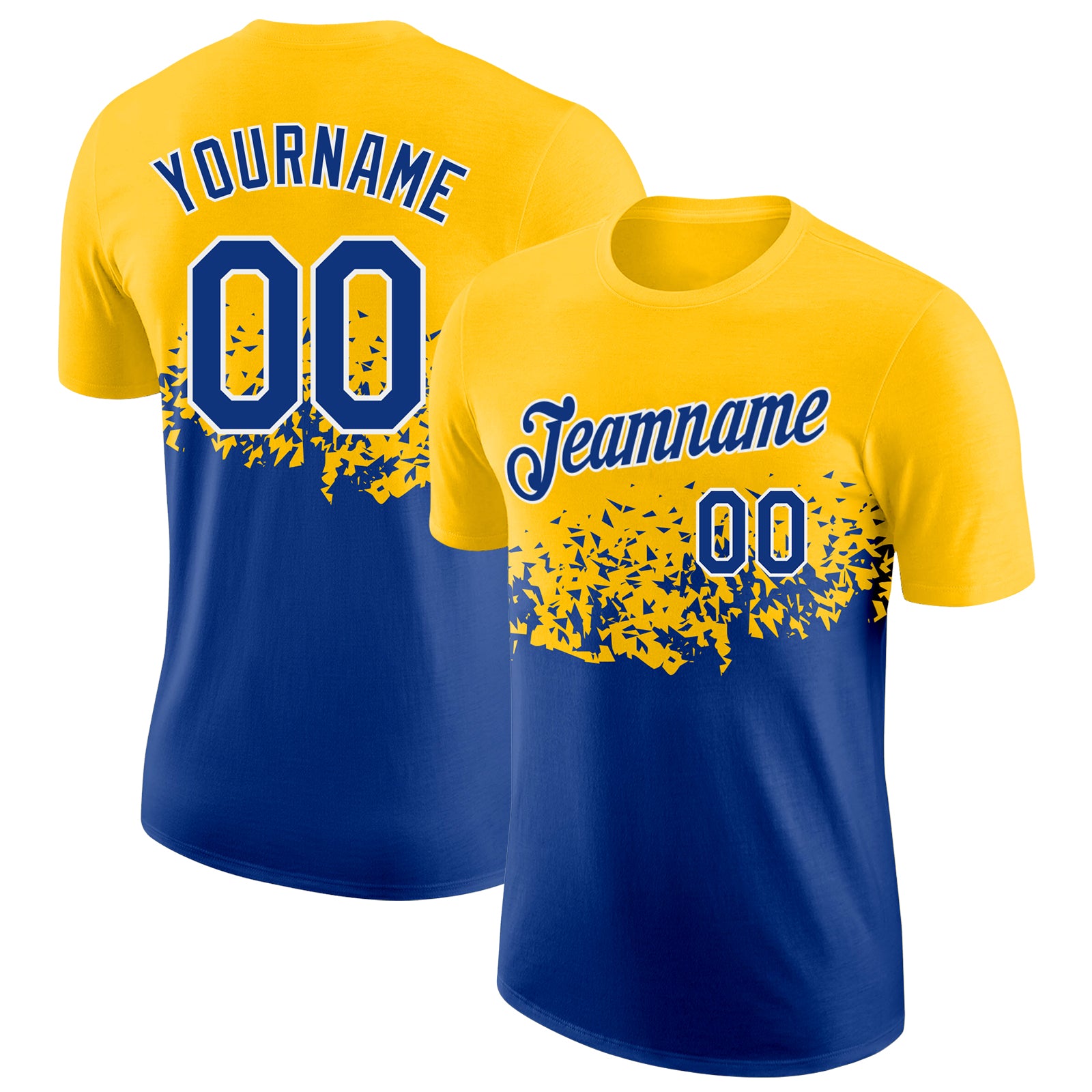 Custom Yellow Royal-White Fade Geometric Splatter Fragmented Shards Performance T-Shirt