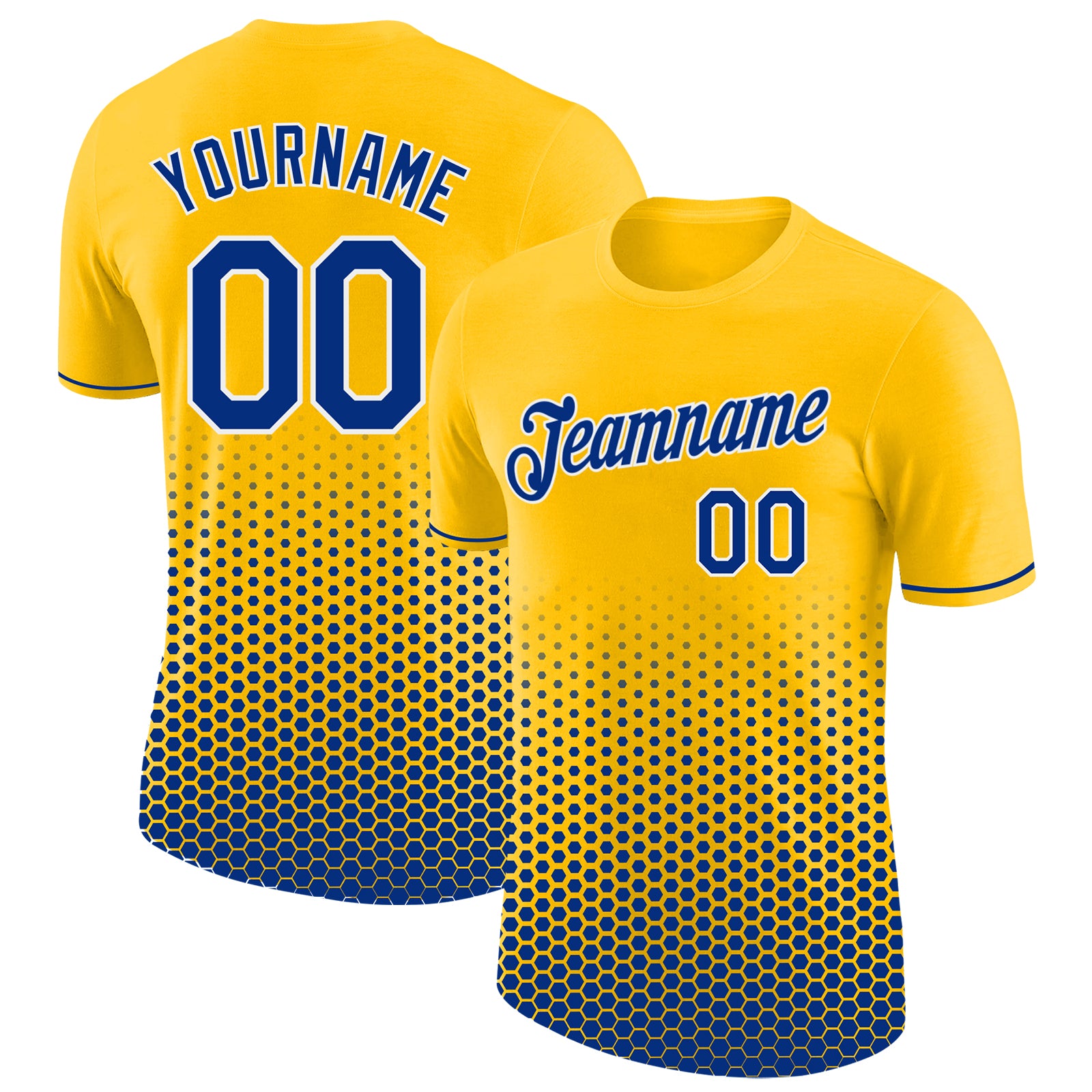 Custom Yellow Royal-White Geometric Hexagonal Dot Gradient Performance T-Shirt