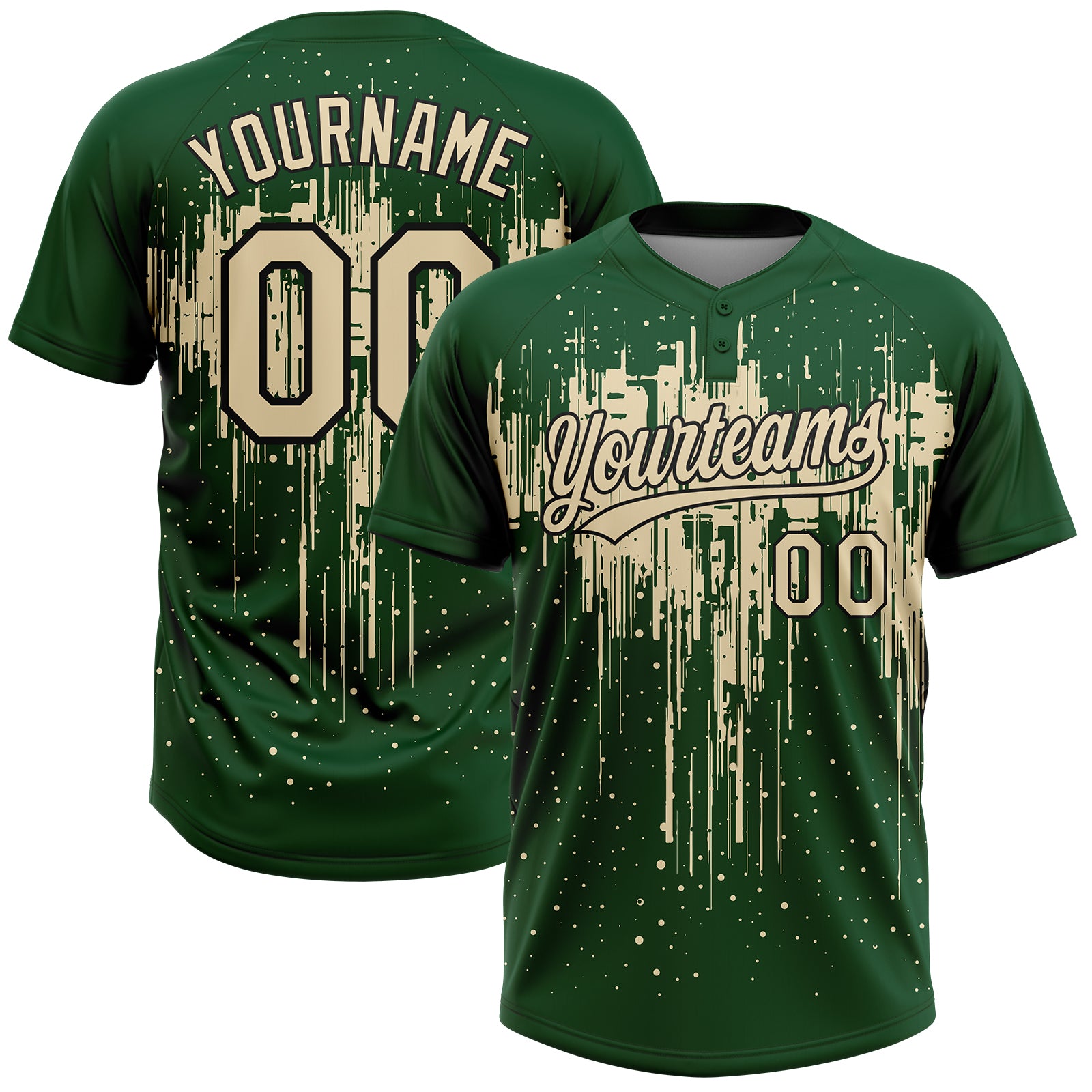 Custom Green Cream-Black Dripping Splatter Paint Two-Button Unisex Softball Jersey