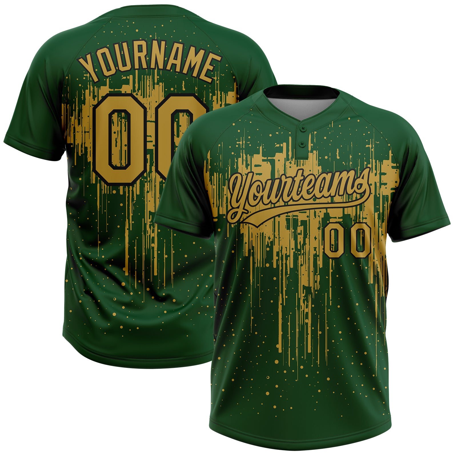 Custom Green Old Gold-Black Dripping Splatter Paint Two-Button Unisex Softball Jersey
