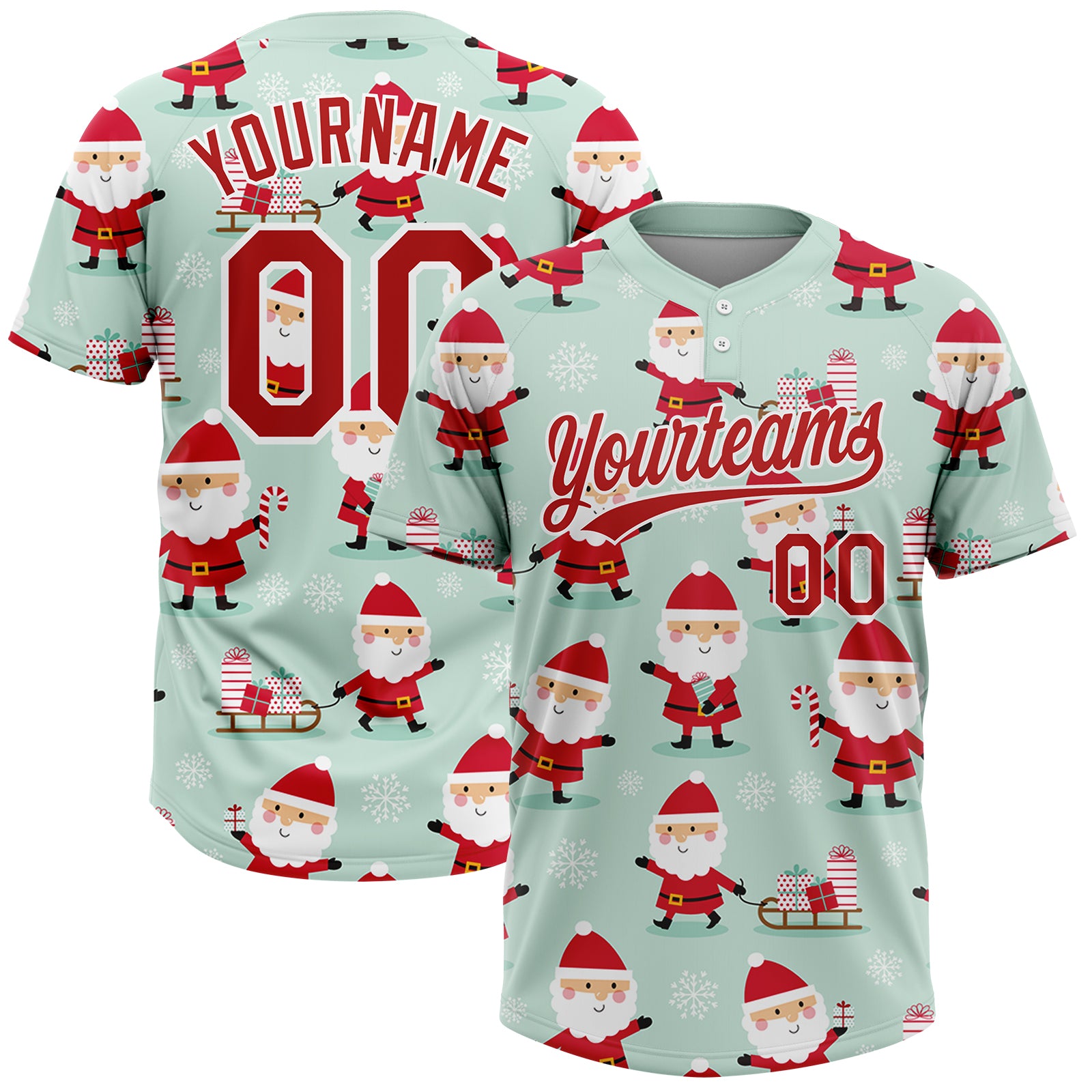 Custom Green Red-White Christmas Santa Claus 3D Pattern Design Two-Button Unisex Softball Jersey