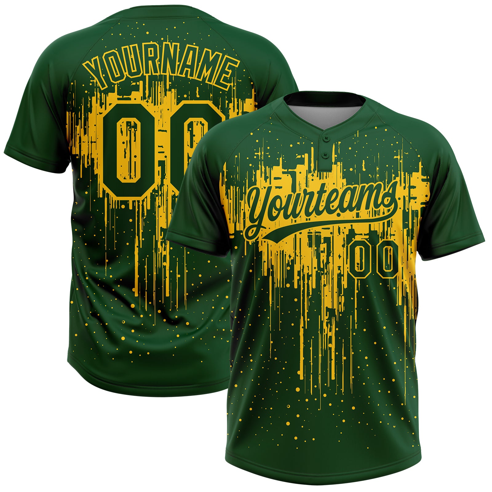 Custom Green Yellow Dripping Splatter Paint Two-Button Unisex Softball Jersey