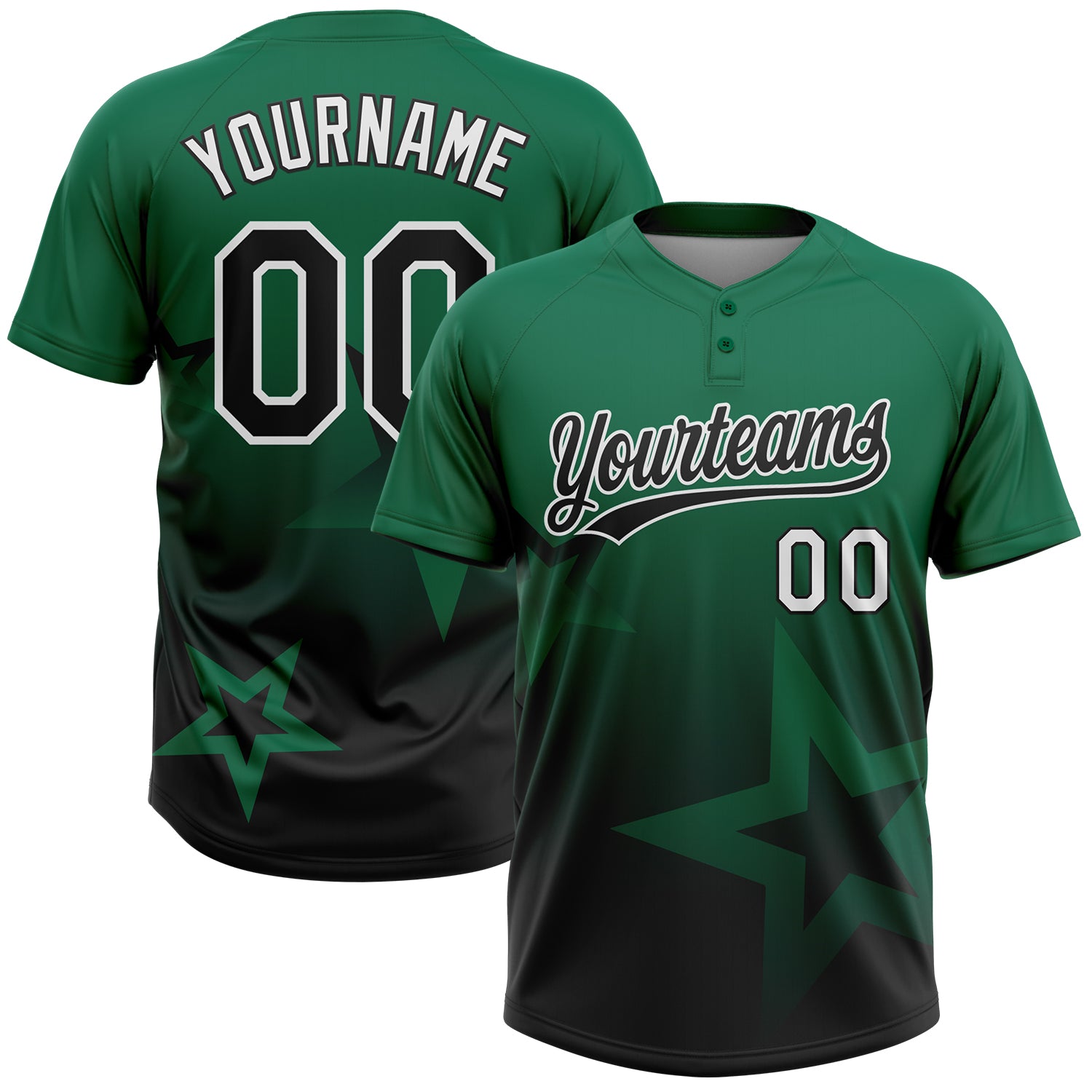 Custom Kelly Green Black-White Gradient Style Twinkle Star Two-Button Unisex Softball Jersey