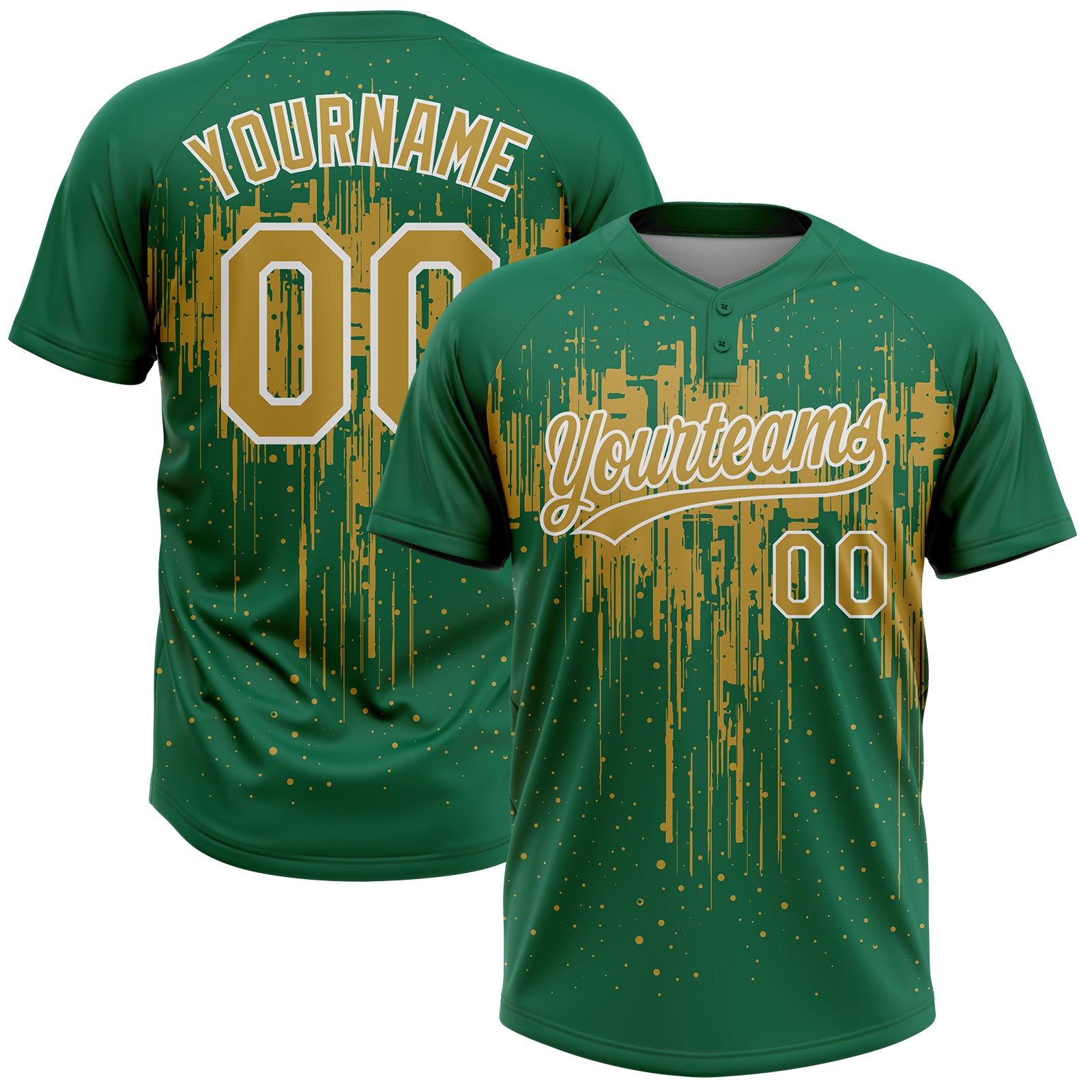 Custom Kelly Green Old Gold-White Dripping Splatter Paint Two-Button Unisex Softball Jersey
