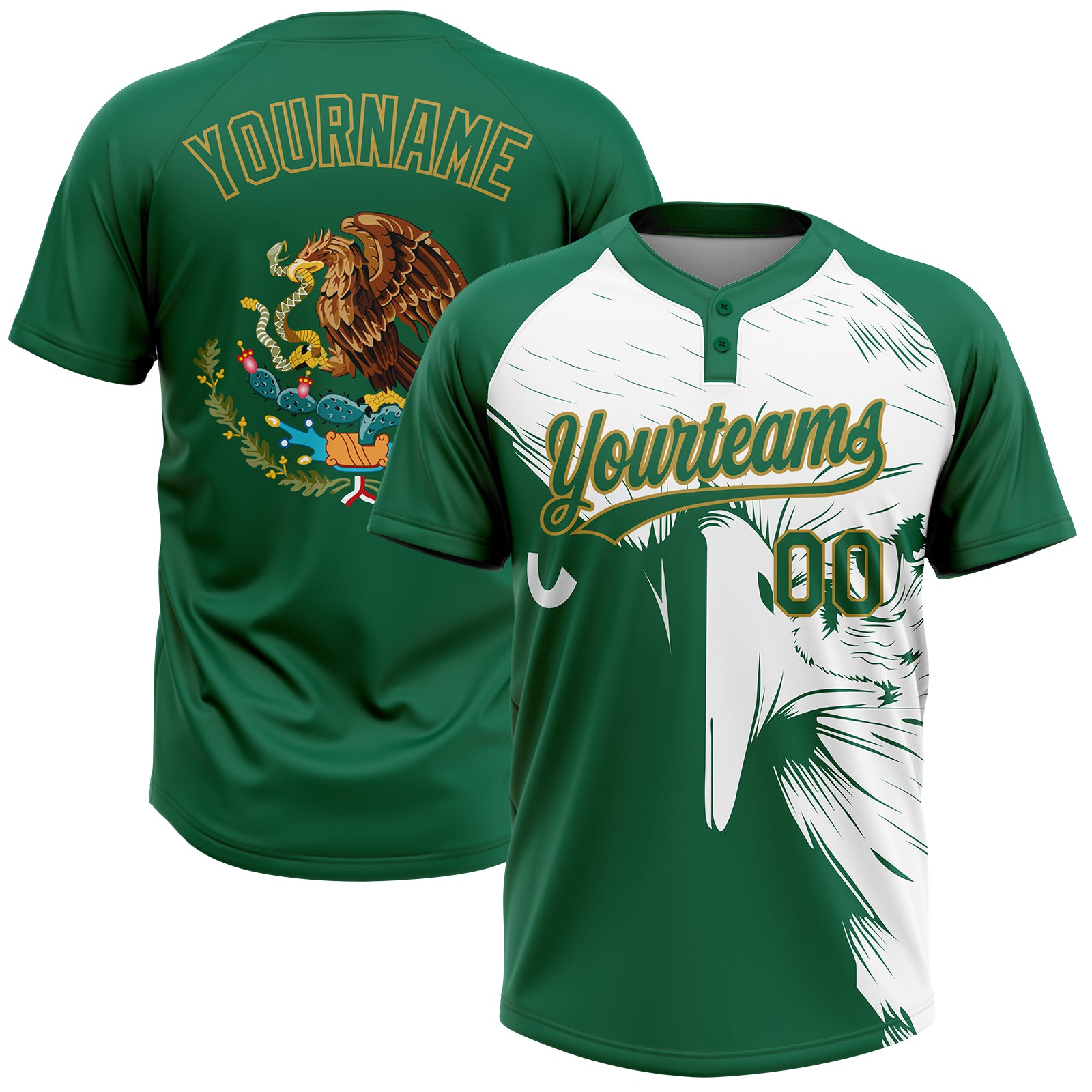 Custom Kelly Green Old Gold-White Mexico Two-Button Unisex Softball Jersey